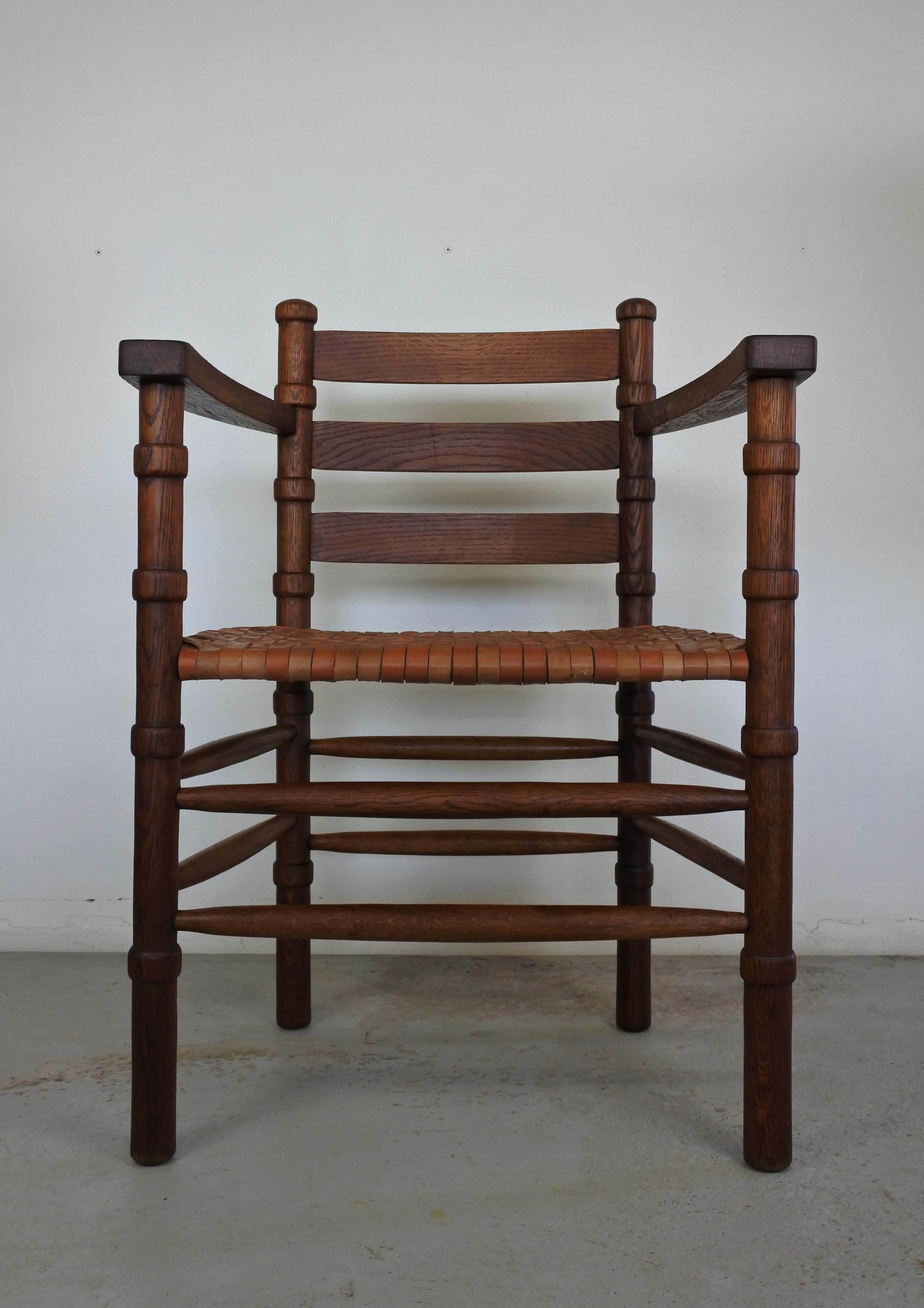 French Modernist Solid Oak and Leather Armchair, France, 1940s