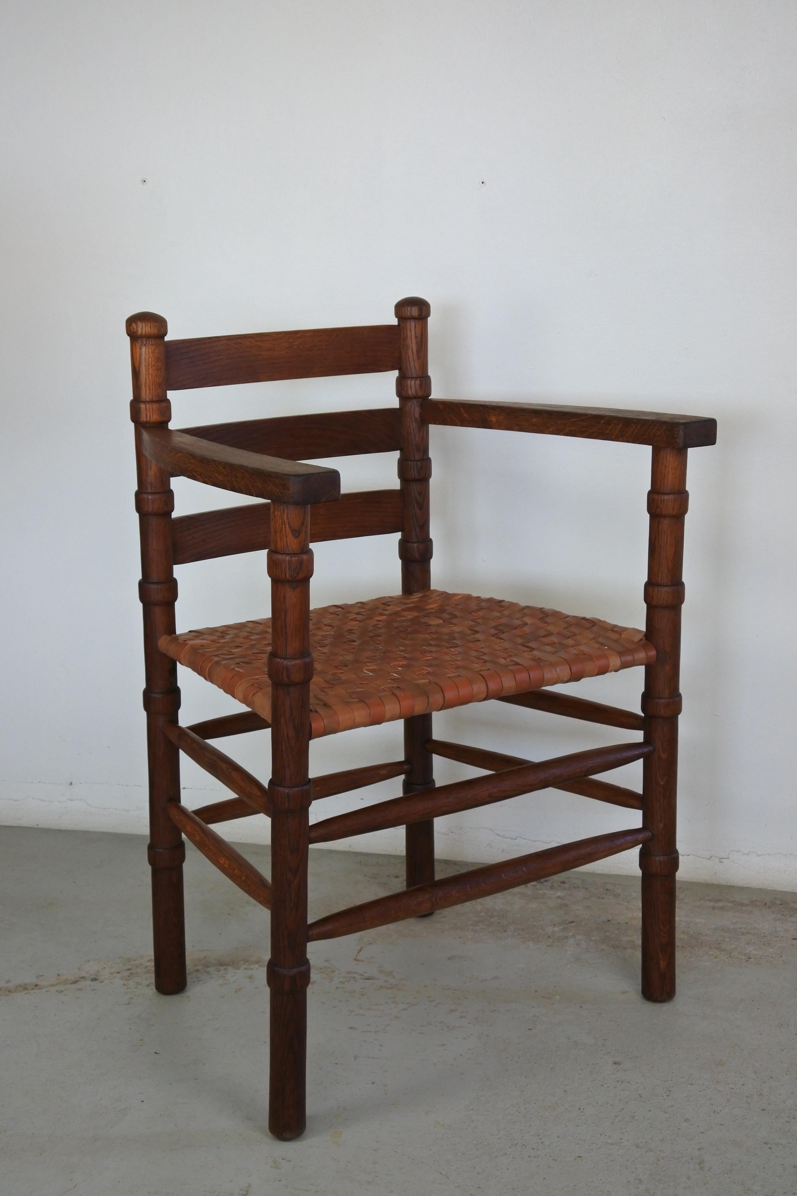 Modernist Solid Oak and Leather Armchair, France, 1940s In Good Condition In La Teste De Buch, FR