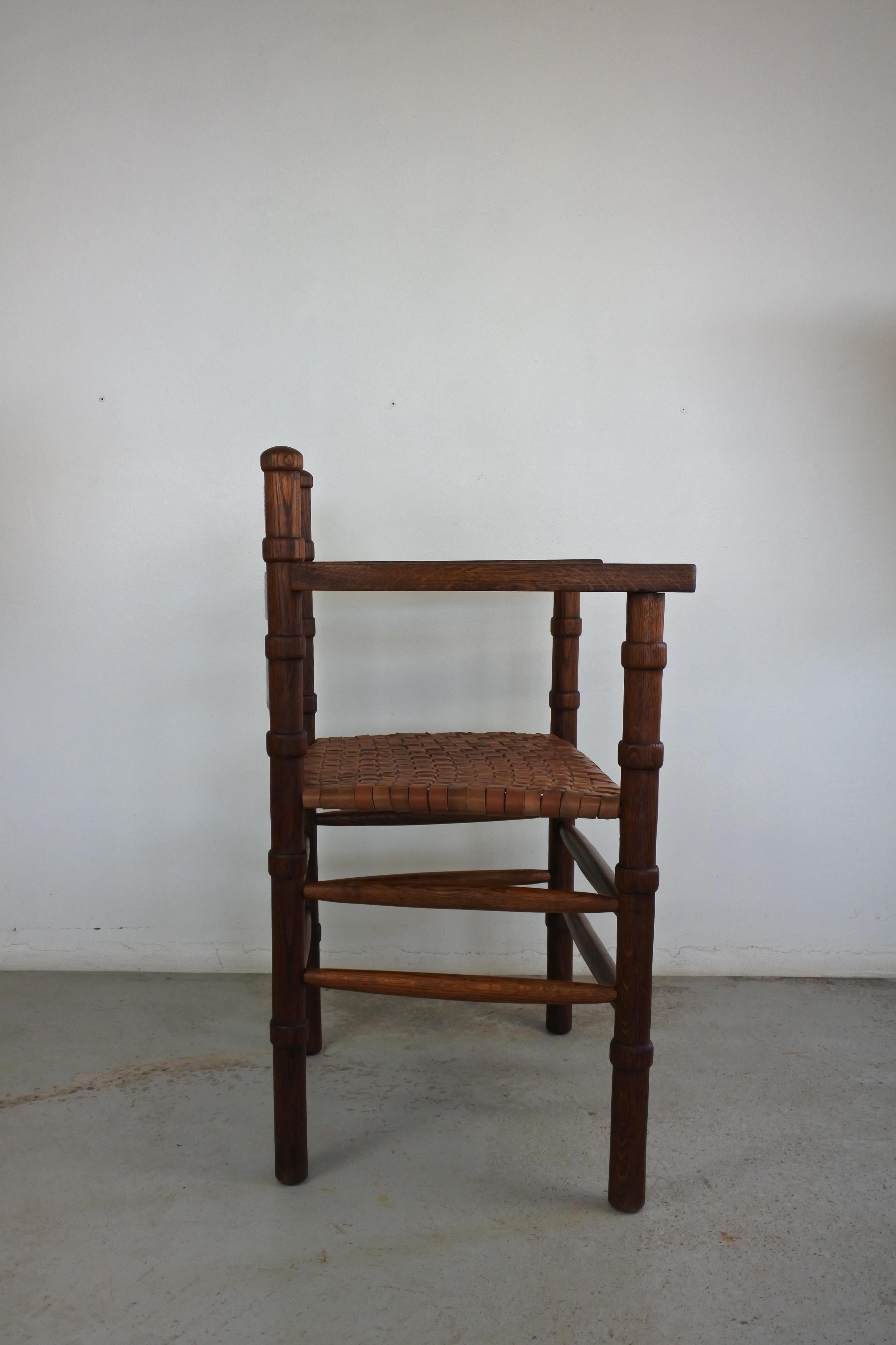 Modernist Solid Oak and Leather Armchair, France, 1940s 1