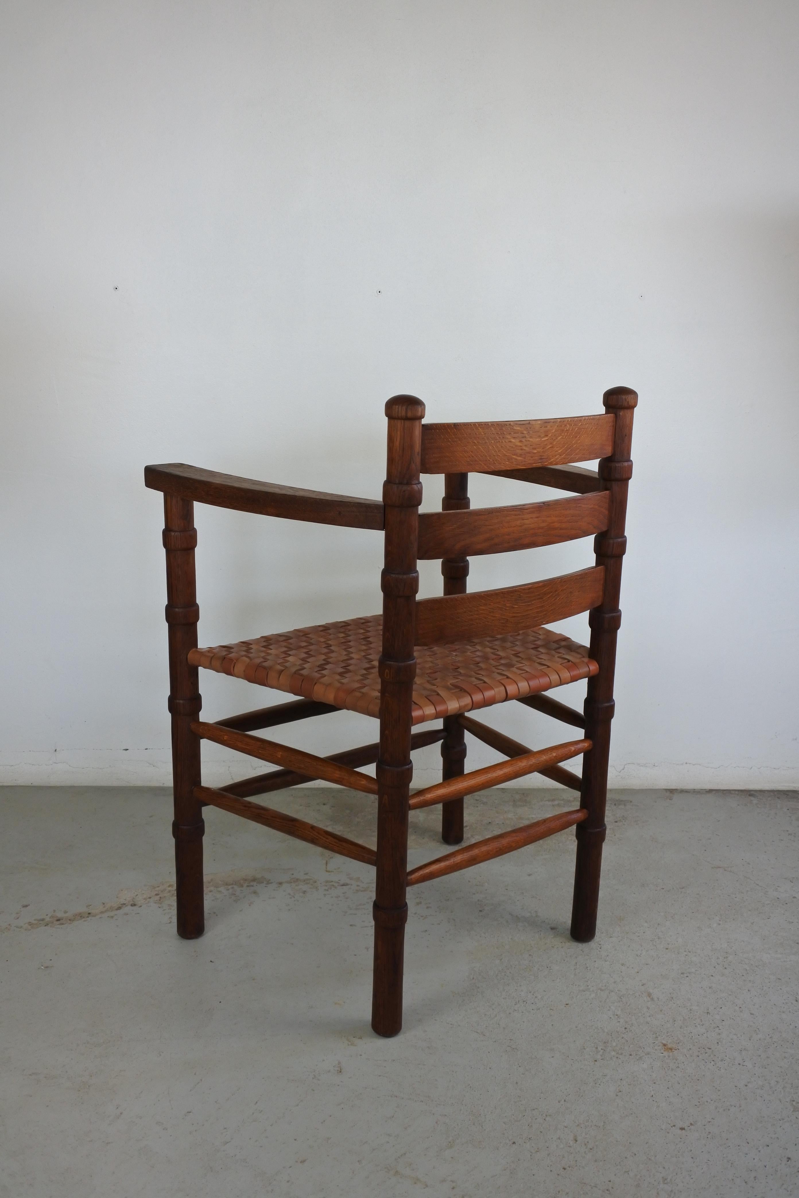 Modernist Solid Oak and Leather Armchair, France, 1940s 4