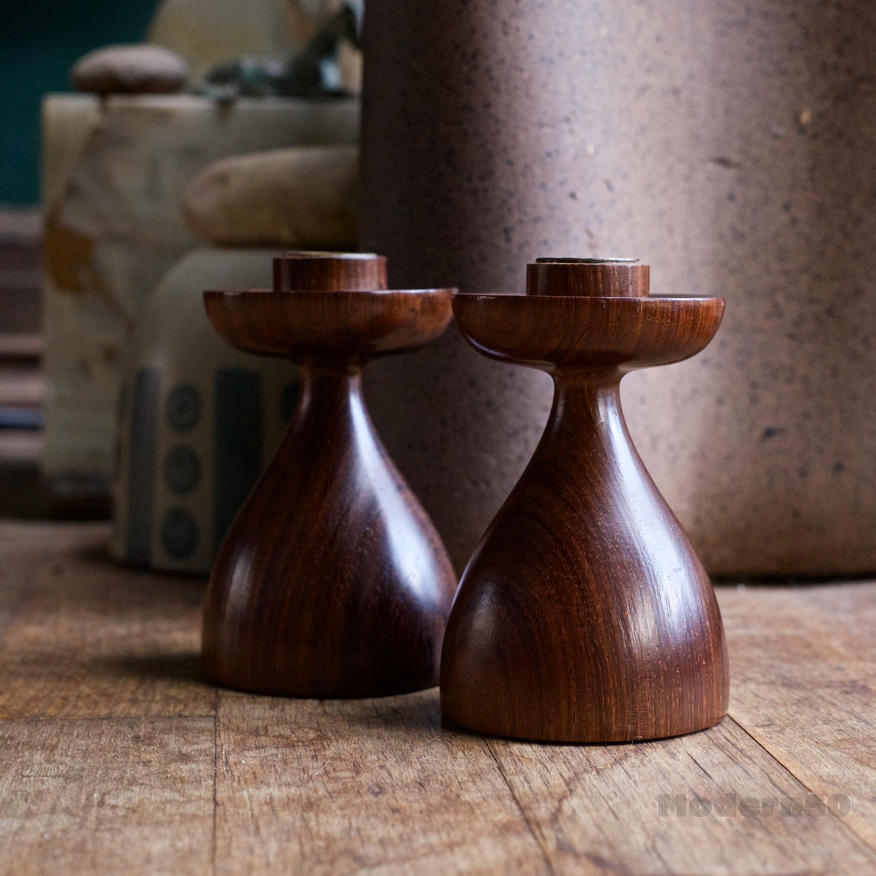 Brazilian Modernist South American Rosewood Candlesticks Hourglass Studio Craft Woodwork For Sale