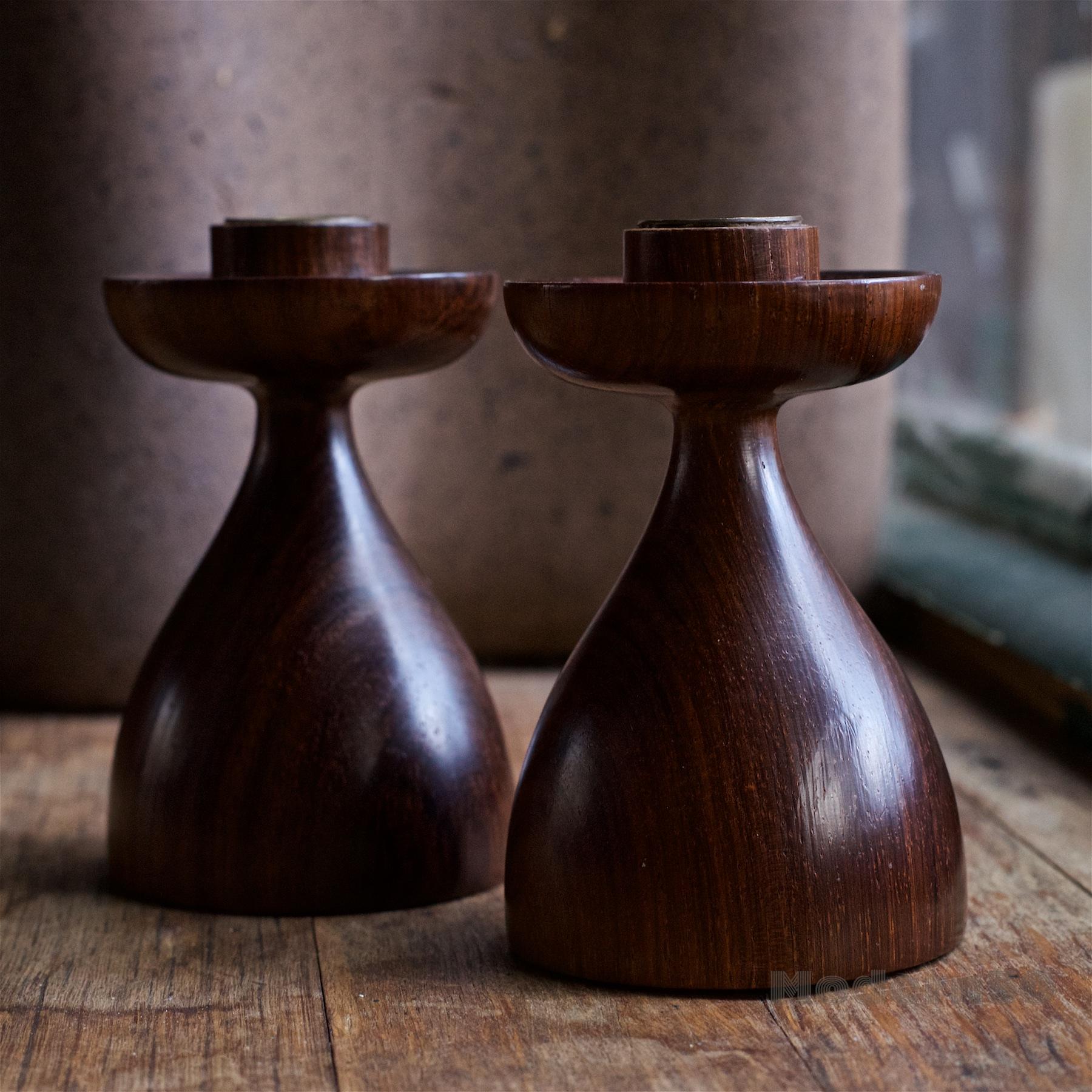 Turned Modernist South American Rosewood Candlesticks Hourglass Studio Craft Woodwork For Sale
