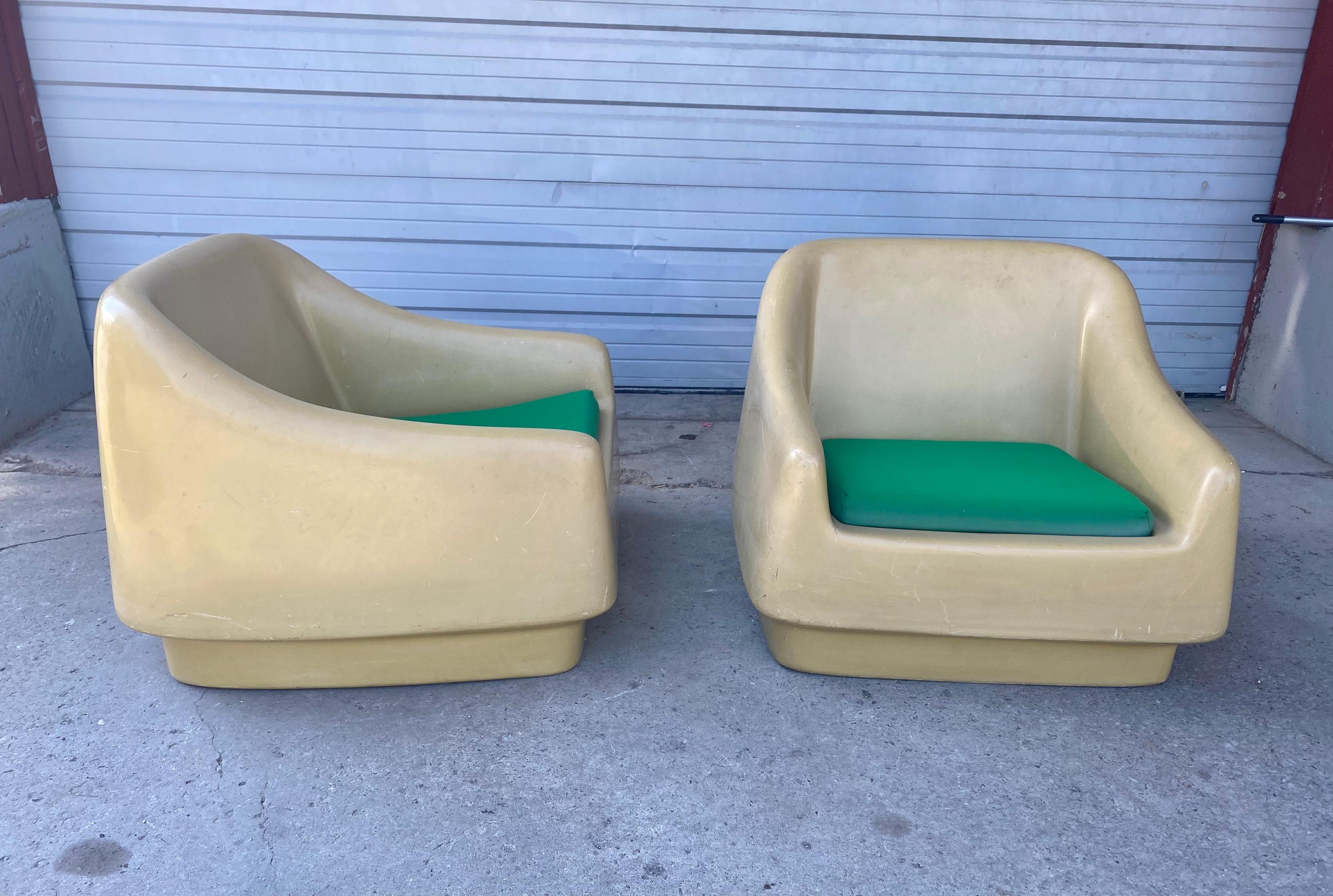 Modernist Space Age fiberglass pod chairs, possibly Italian? Great design, proportion, original color and finish, minor scuffing, missing original strapping (seats) Would be fabulous restored, repainted, service avail. Custom color. Hand delivery