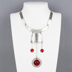 Modernist Space Age Stainless Steel and Red Glass Cabochon Choker Necklace