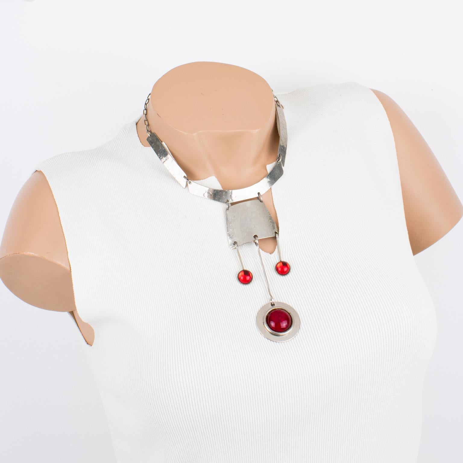 Women's or Men's Modernist Space Age Stainless Steel and Red Glass Cabochon Choker Necklace For Sale