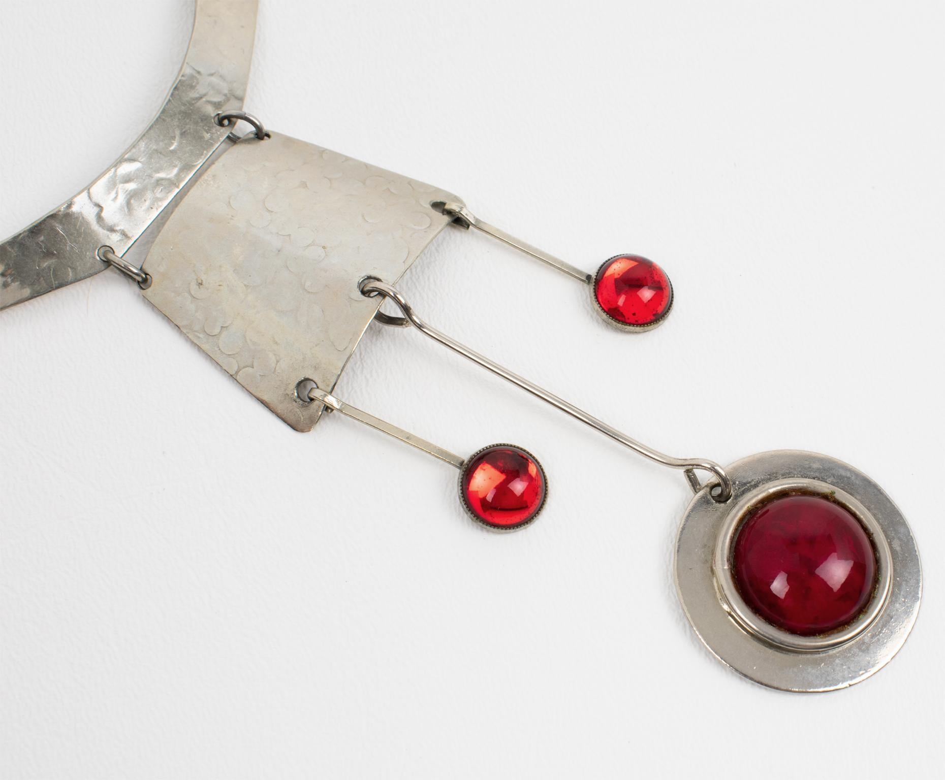 Modernist Space Age Stainless Steel and Red Glass Cabochon Choker Necklace For Sale 2