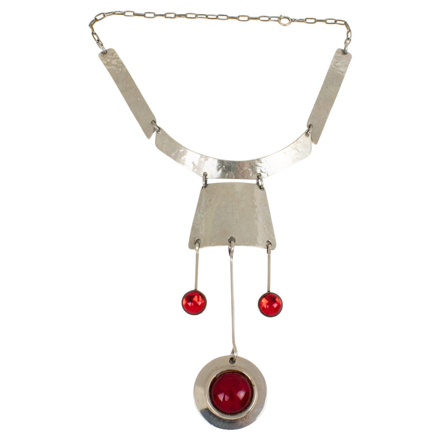 Modernist Space Age Stainless Steel and Red Glass Cabochon Choker Necklace For Sale