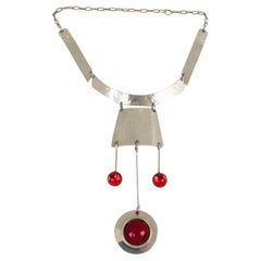Vintage Modernist Space Age Stainless Steel and Red Glass Cabochon Choker Necklace