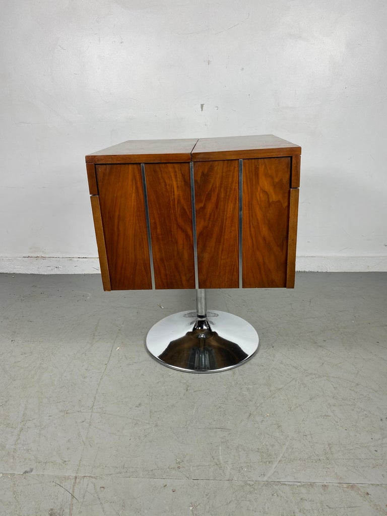 Old Rotation Bar Modernist, Space Age Walnut and Chrome Folding, Revolving Bar by LANE ...