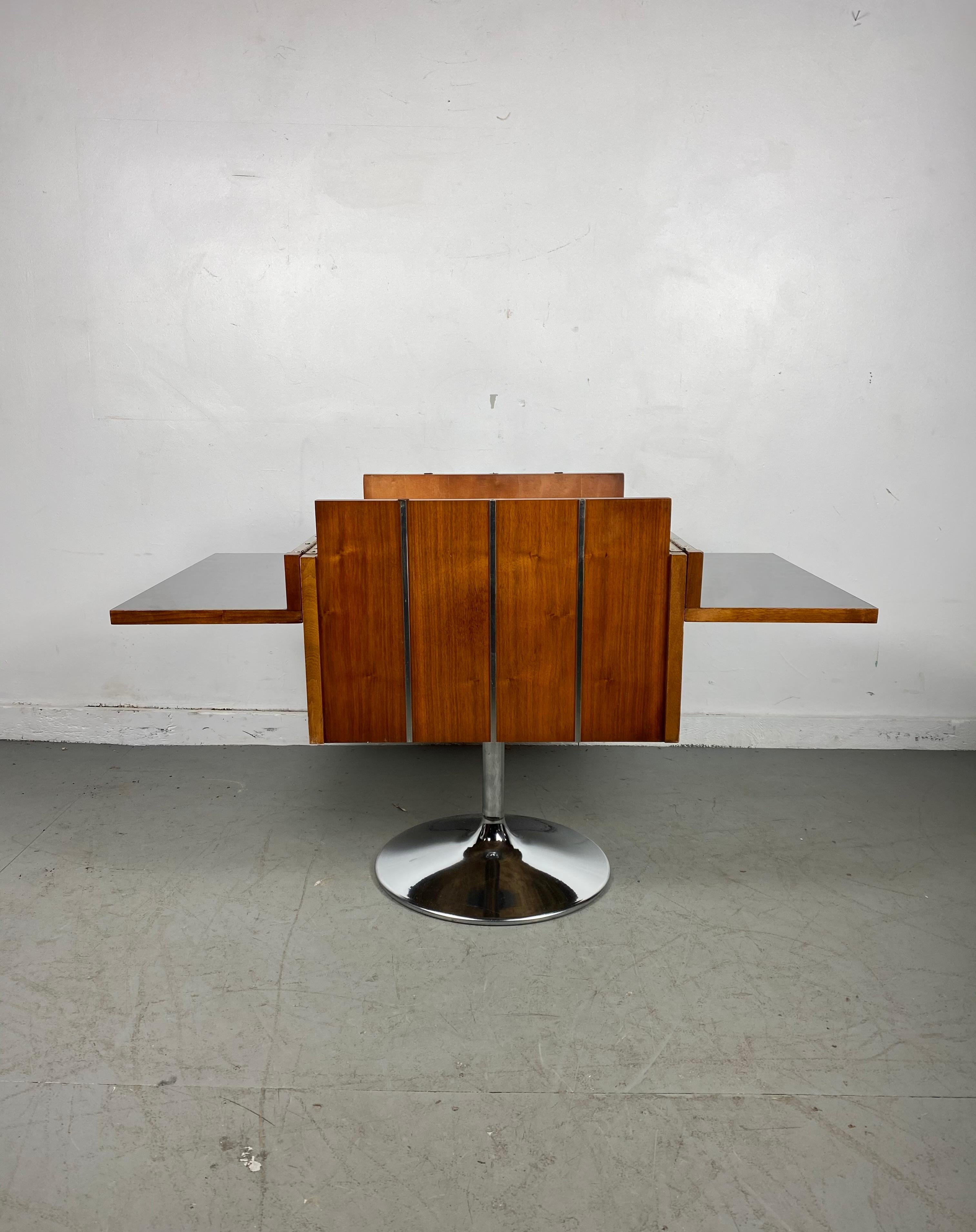 North American Modernist, Space Age Walnut and Chrome Folding, Revolving Bar by LANE