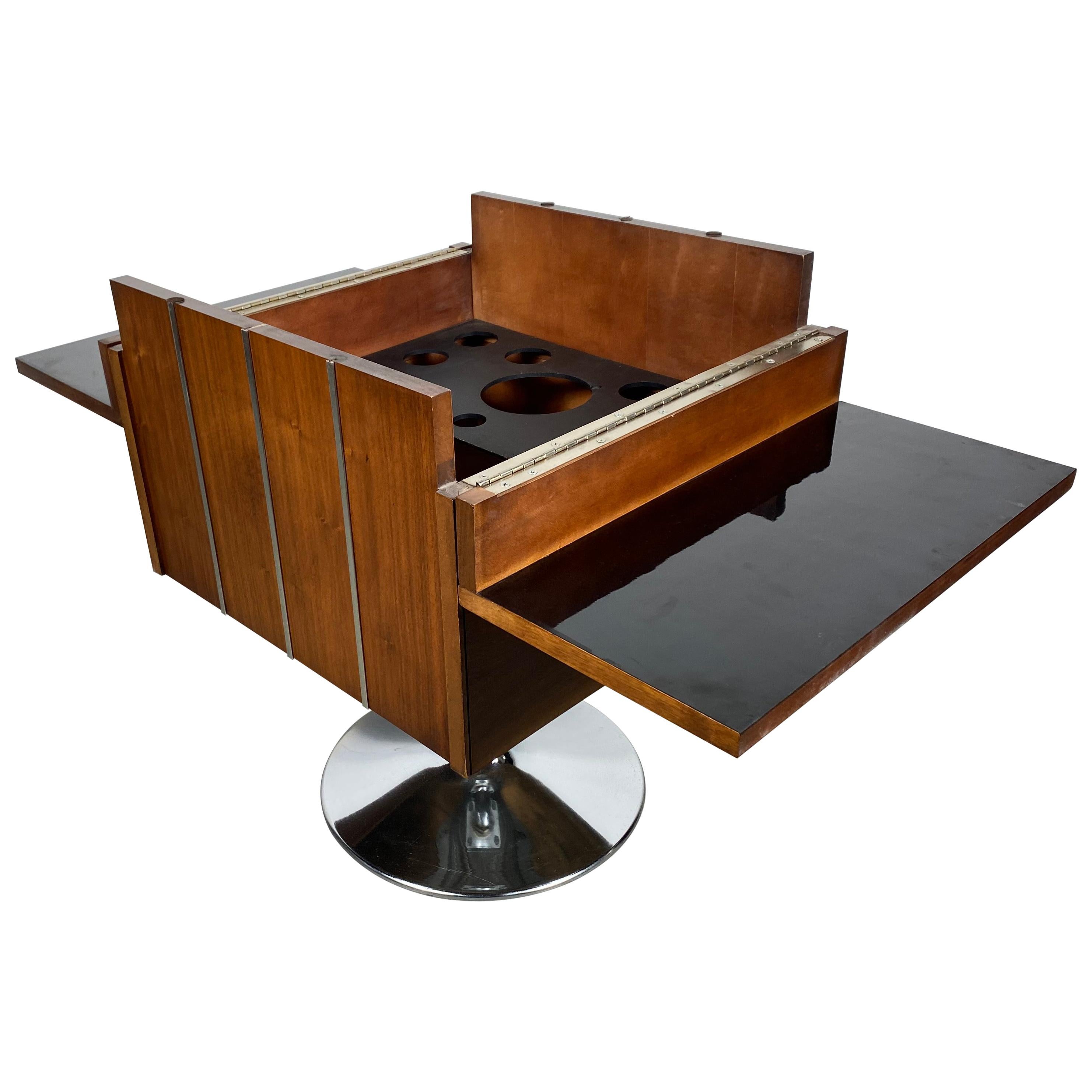 Modernist, Space Age Walnut and Chrome Folding, Revolving Bar by LANE