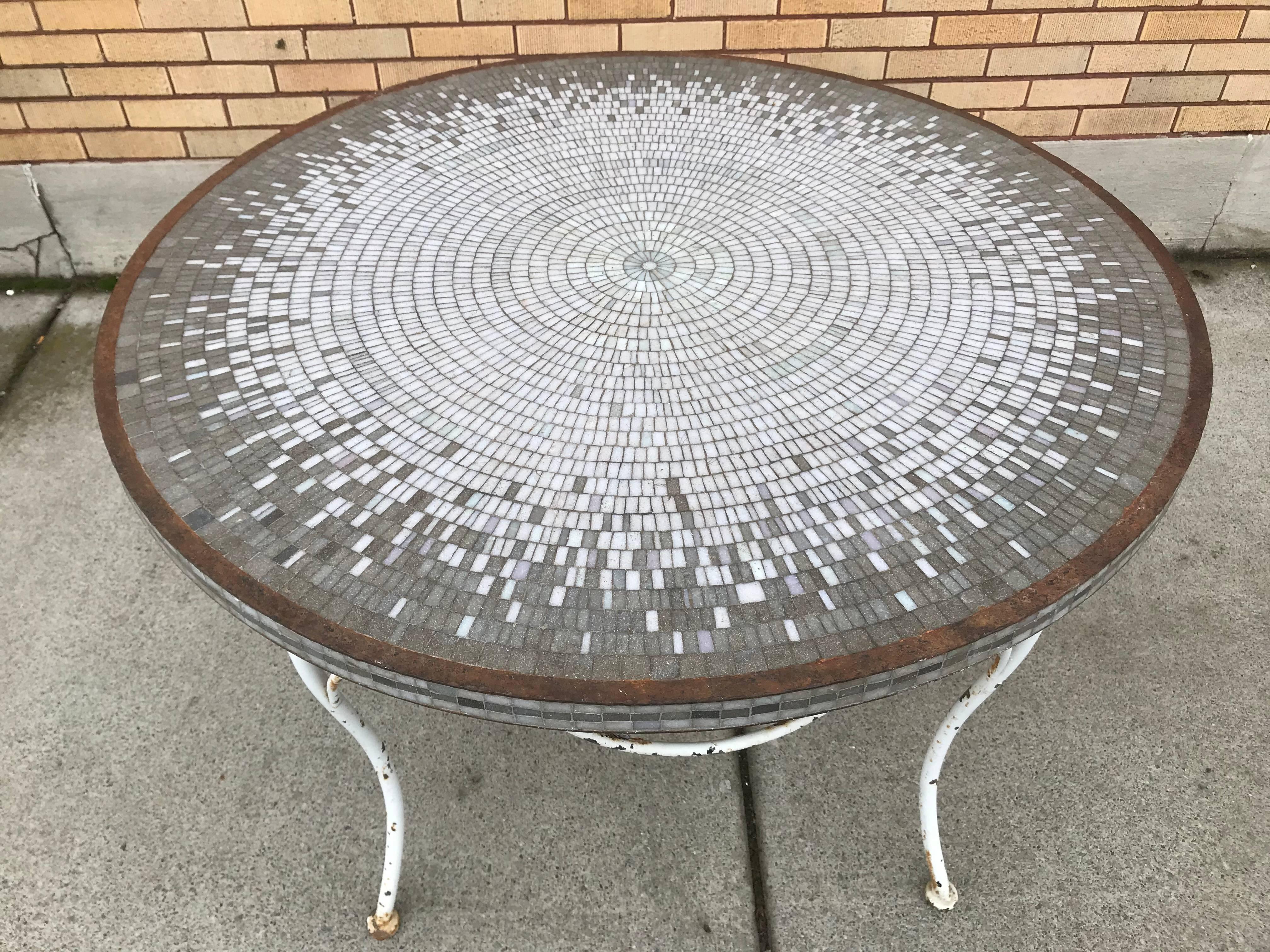 Modernist Spalti (glass) mosaic tile dining top table. Superior quality. Very well executed. Iron surround, decorative metal table base, large and heavy.
