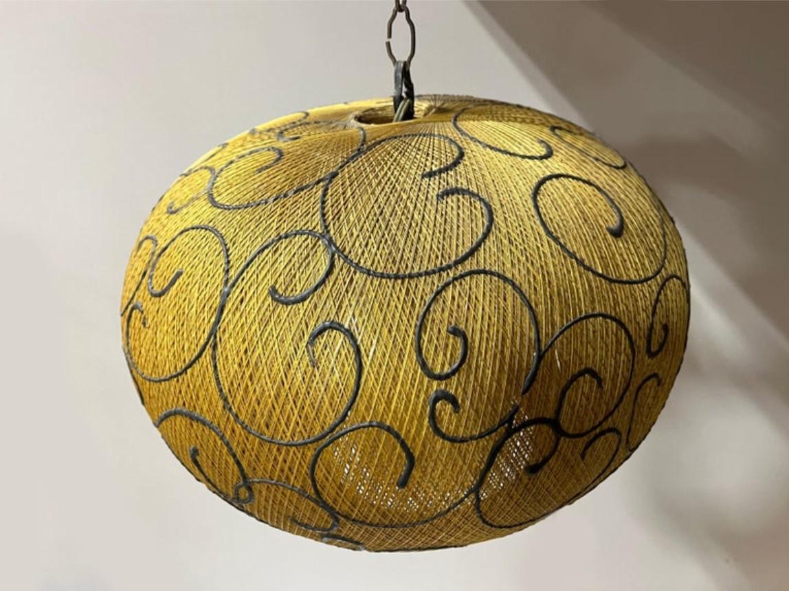 Unknown Modernist Spanish Rattan Circle Hanging Pendant Light For Sale