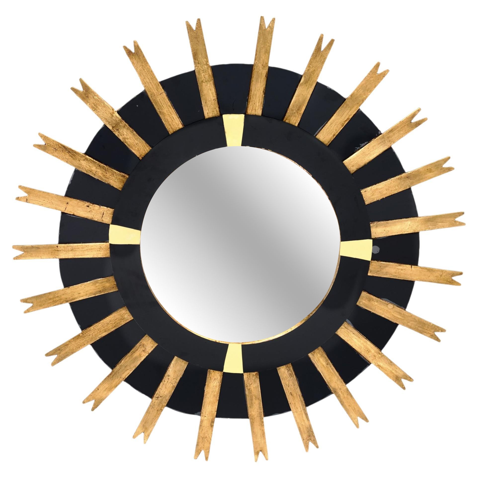 Miroir moderniste espagnol en forme de soleil, feuille d'or et verre noir