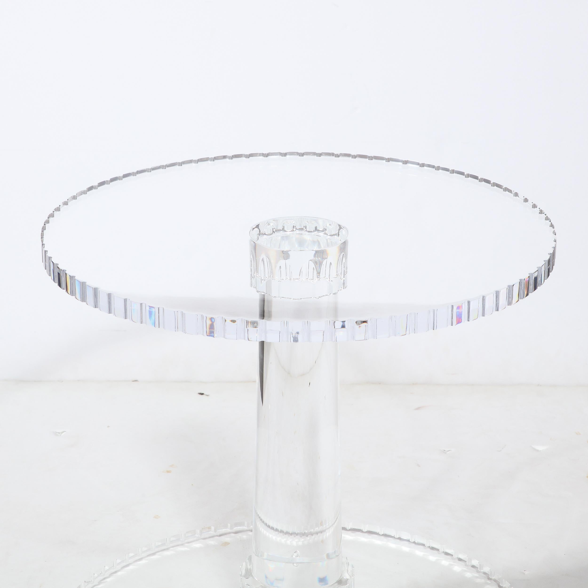 American Modernist Spool Form Lucite Occasional Table W/ Crenelated Edges & Tapered Base