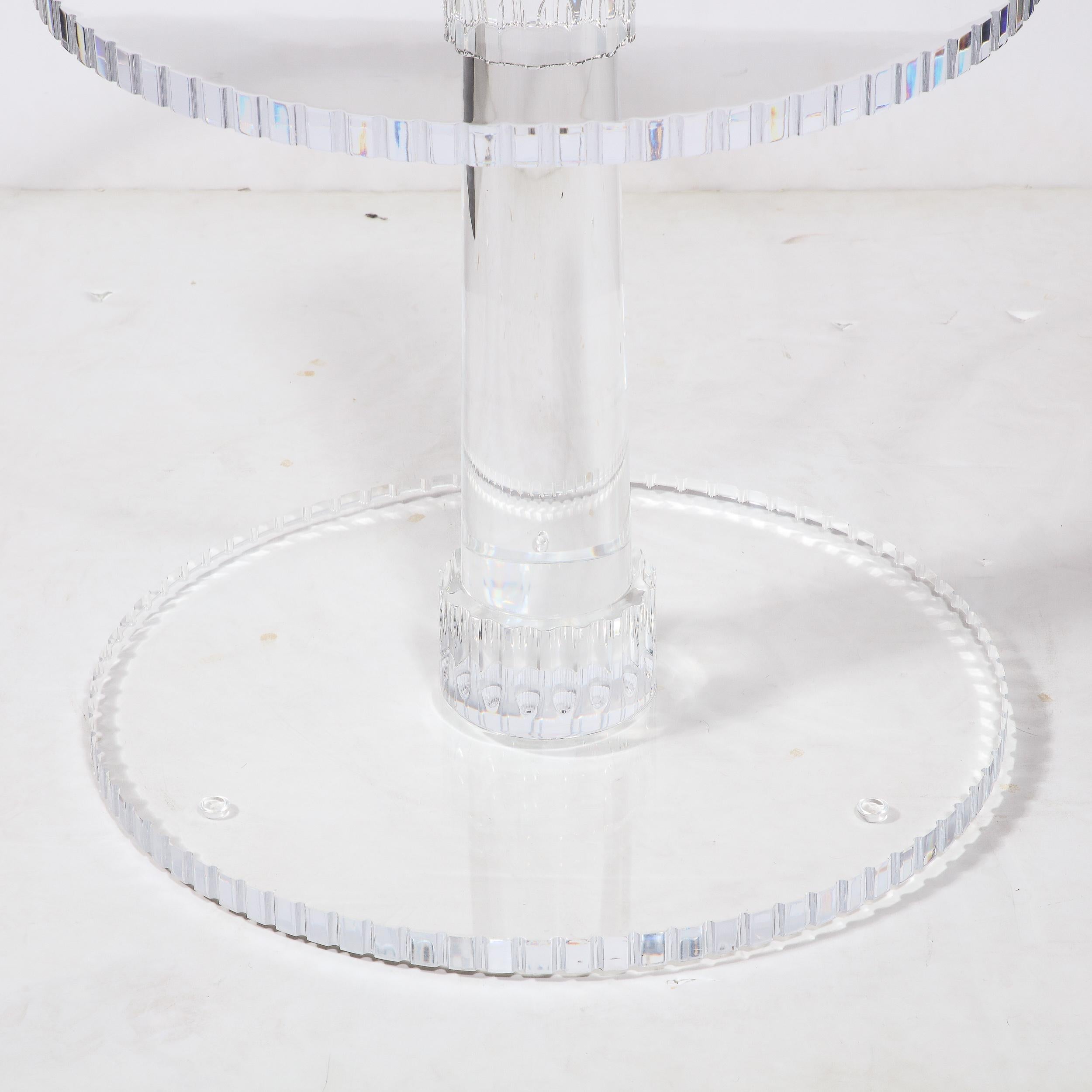 Modernist Spool Form Lucite Occasional Table W/ Crenelated Edges & Tapered Base In Excellent Condition In New York, NY