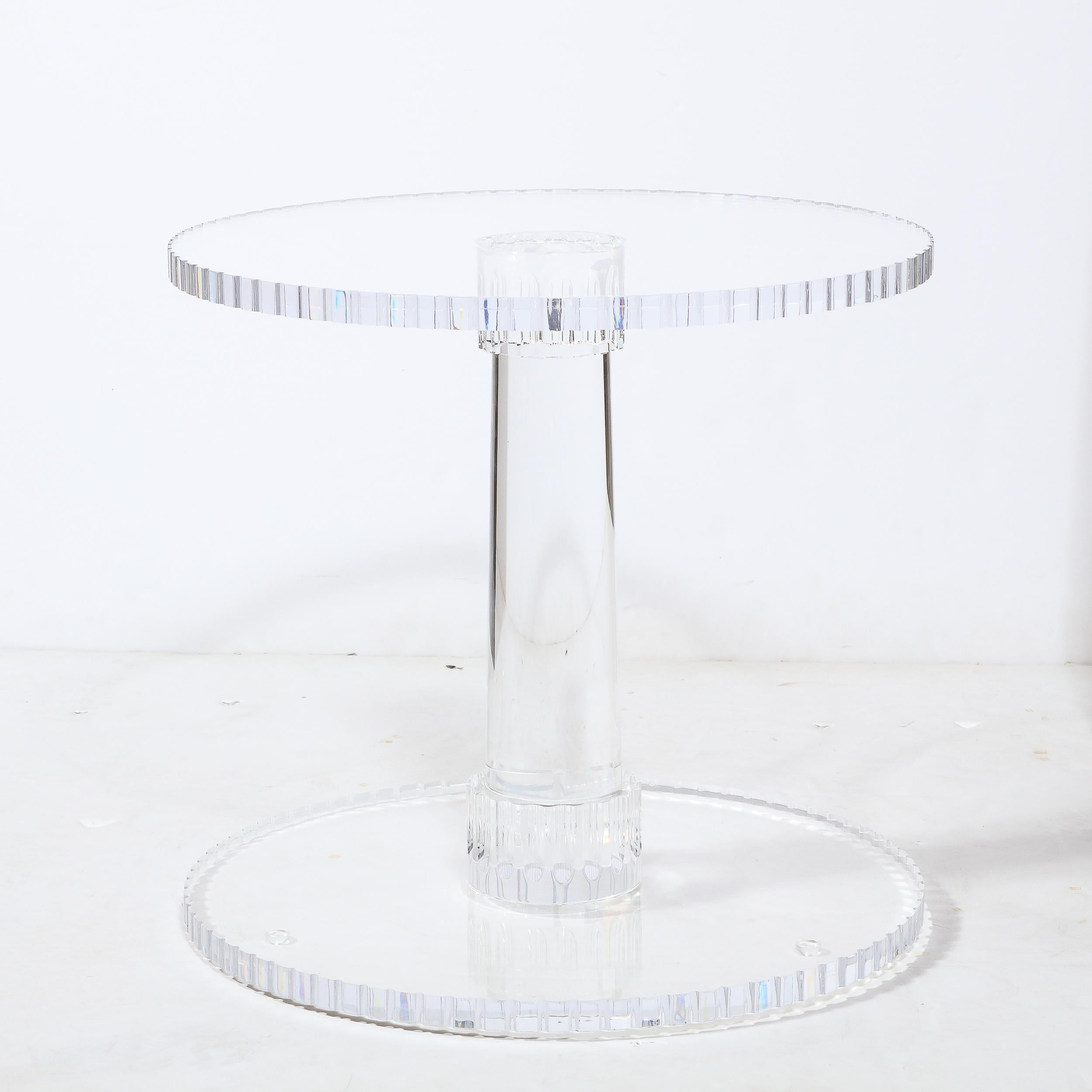 20th Century Modernist Spool Form Lucite Occasional Table W/ Crenelated Edges & Tapered Base