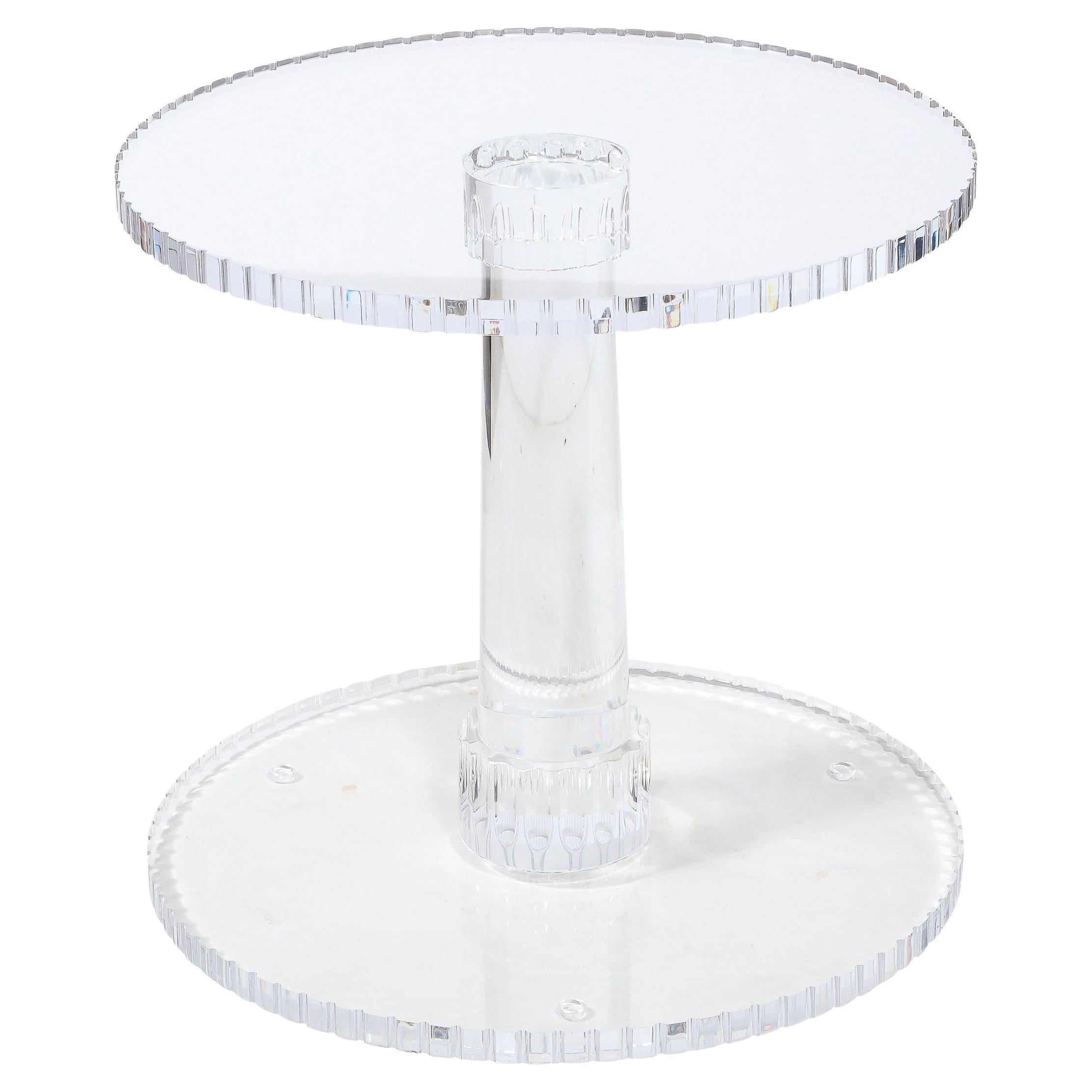 Modernist Spool Form Lucite Occasional Table W/ Crenelated Edges & Tapered Base