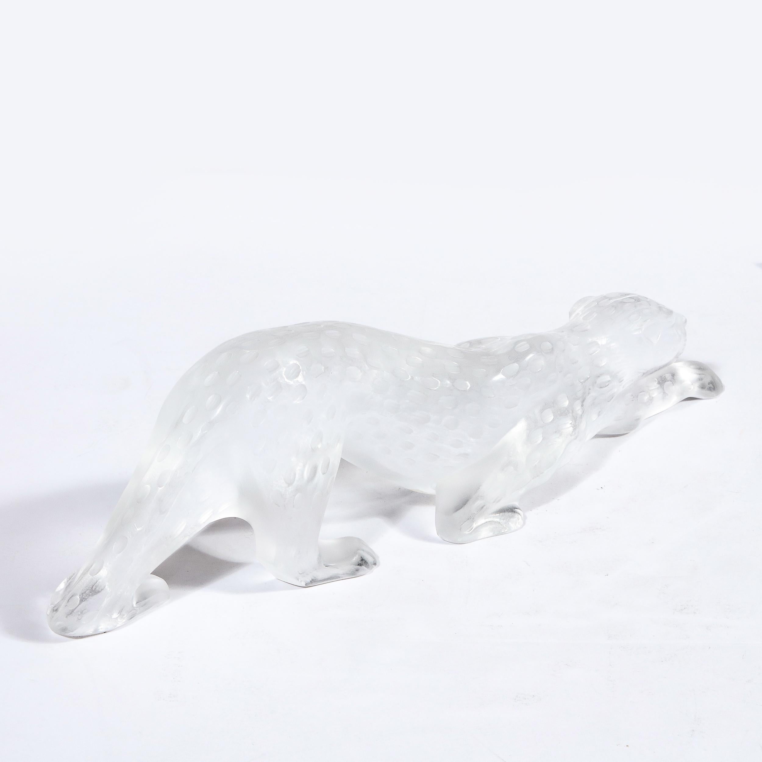 Modernist Spotted Stalking Leopard in Frosted Crystal Signed by Lalique 3