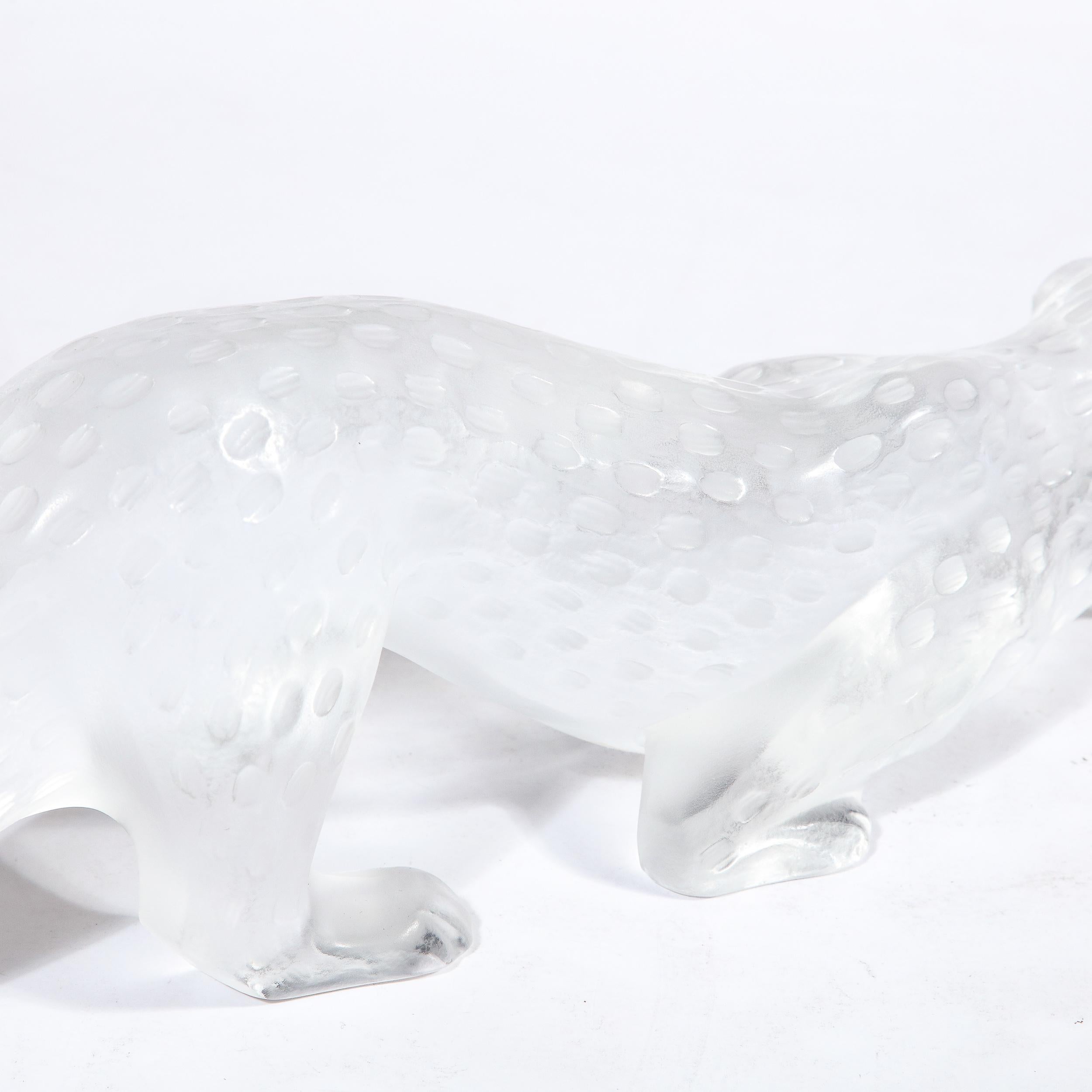 Modernist Spotted Stalking Leopard in Frosted Crystal Signed by Lalique 4