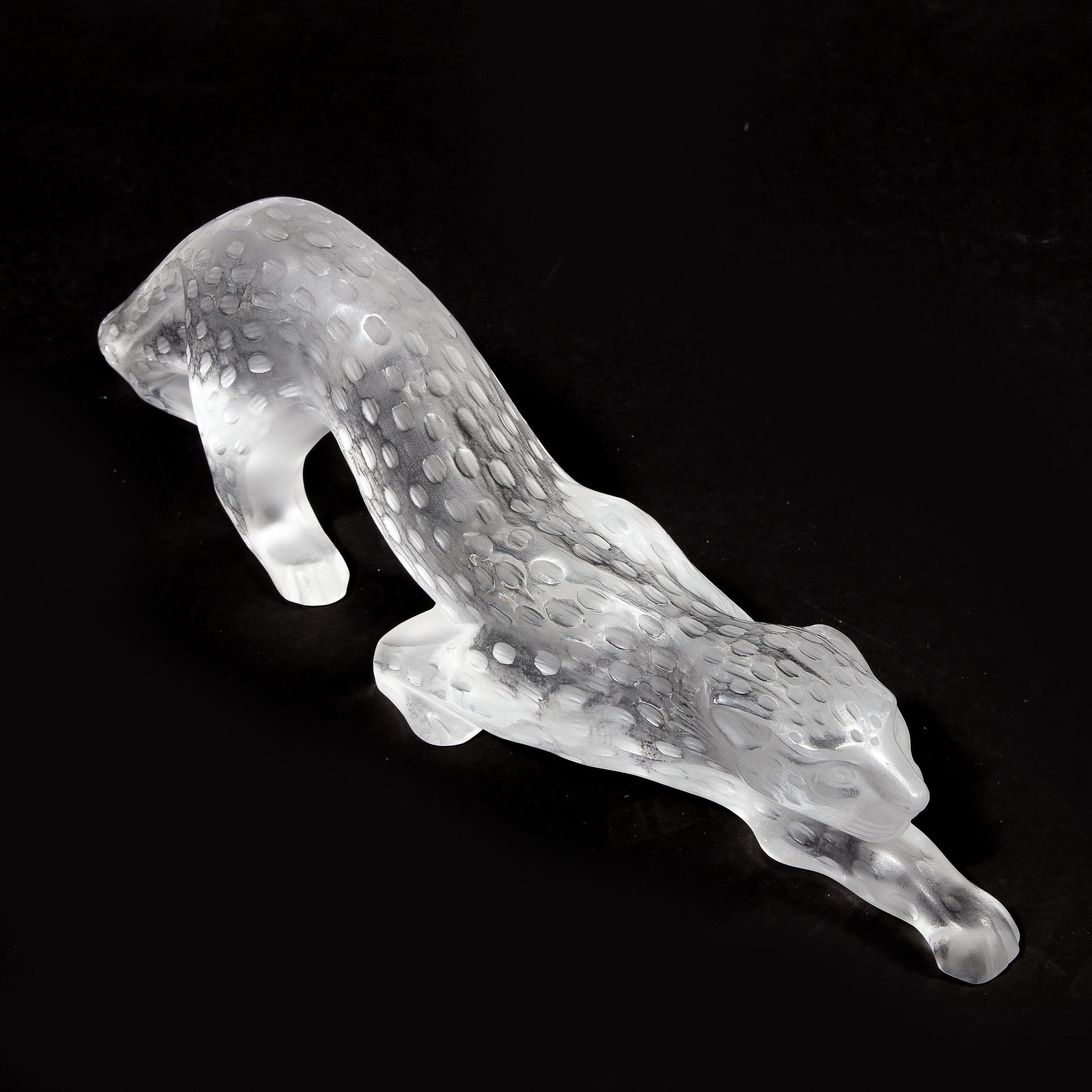 Modernist Spotted Stalking Leopard in Frosted Crystal Signed by Lalique 7