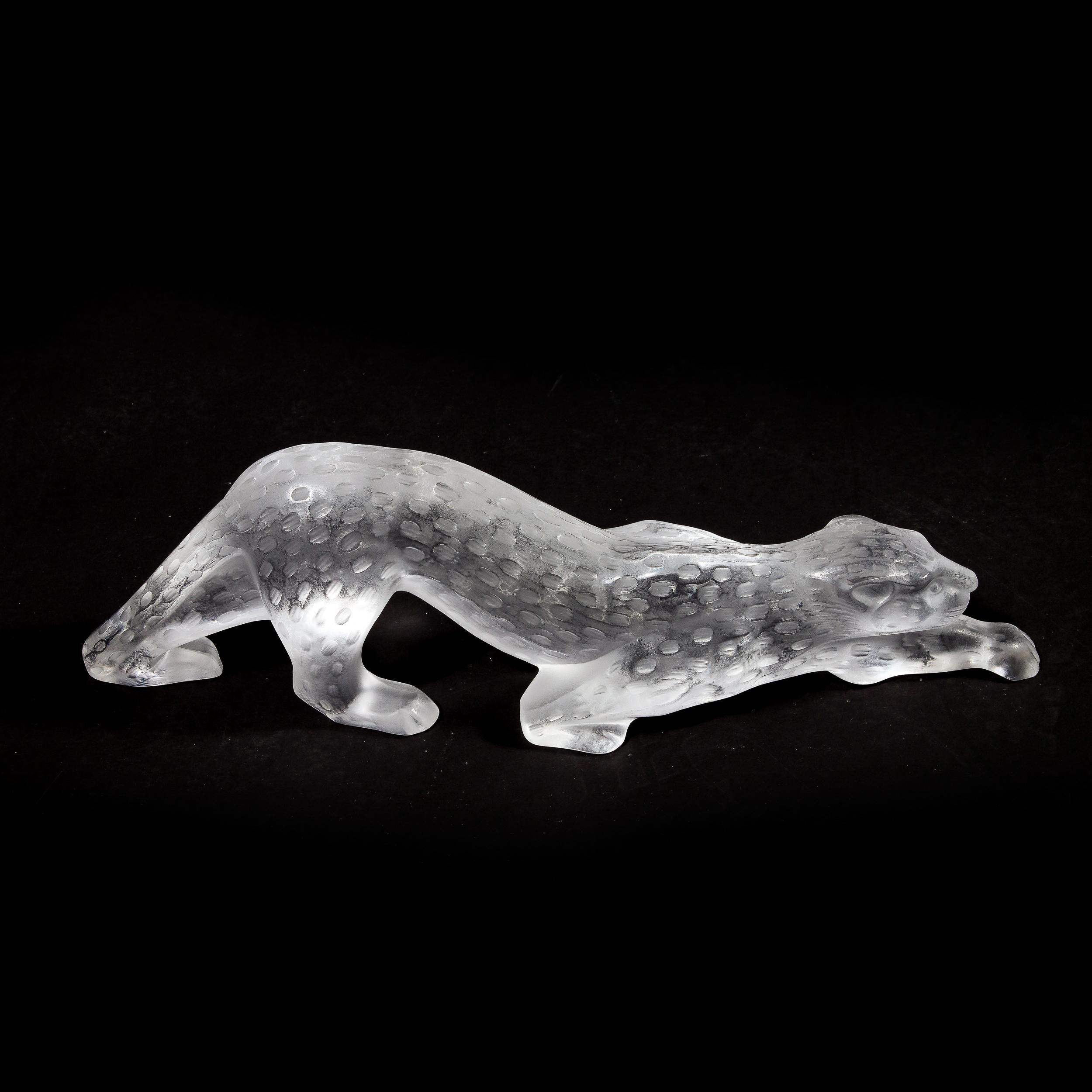 Modernist Spotted Stalking Leopard in Frosted Crystal Signed by Lalique 8