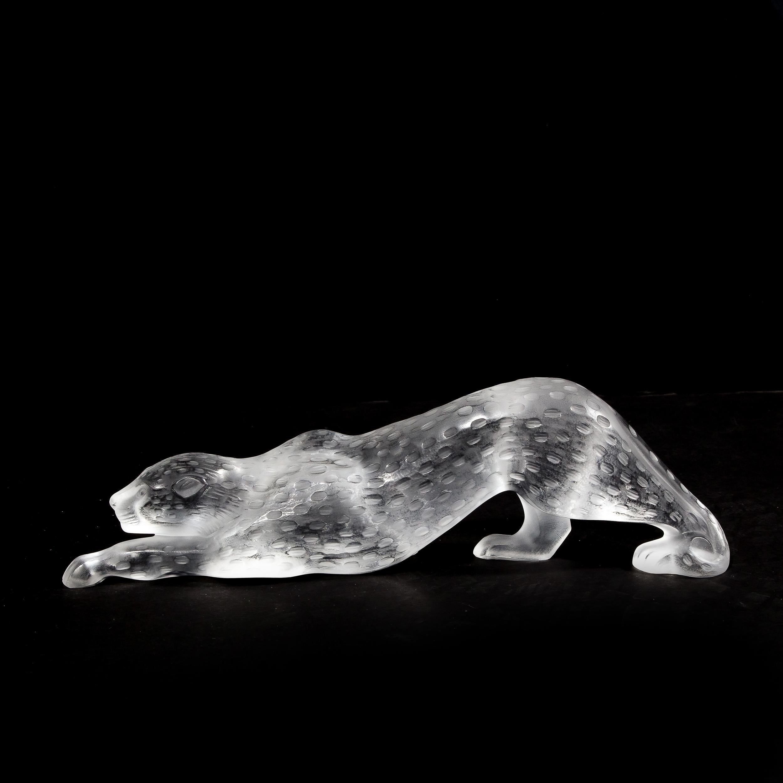 Modernist Spotted Stalking Leopard in Frosted Crystal Signed by Lalique 9