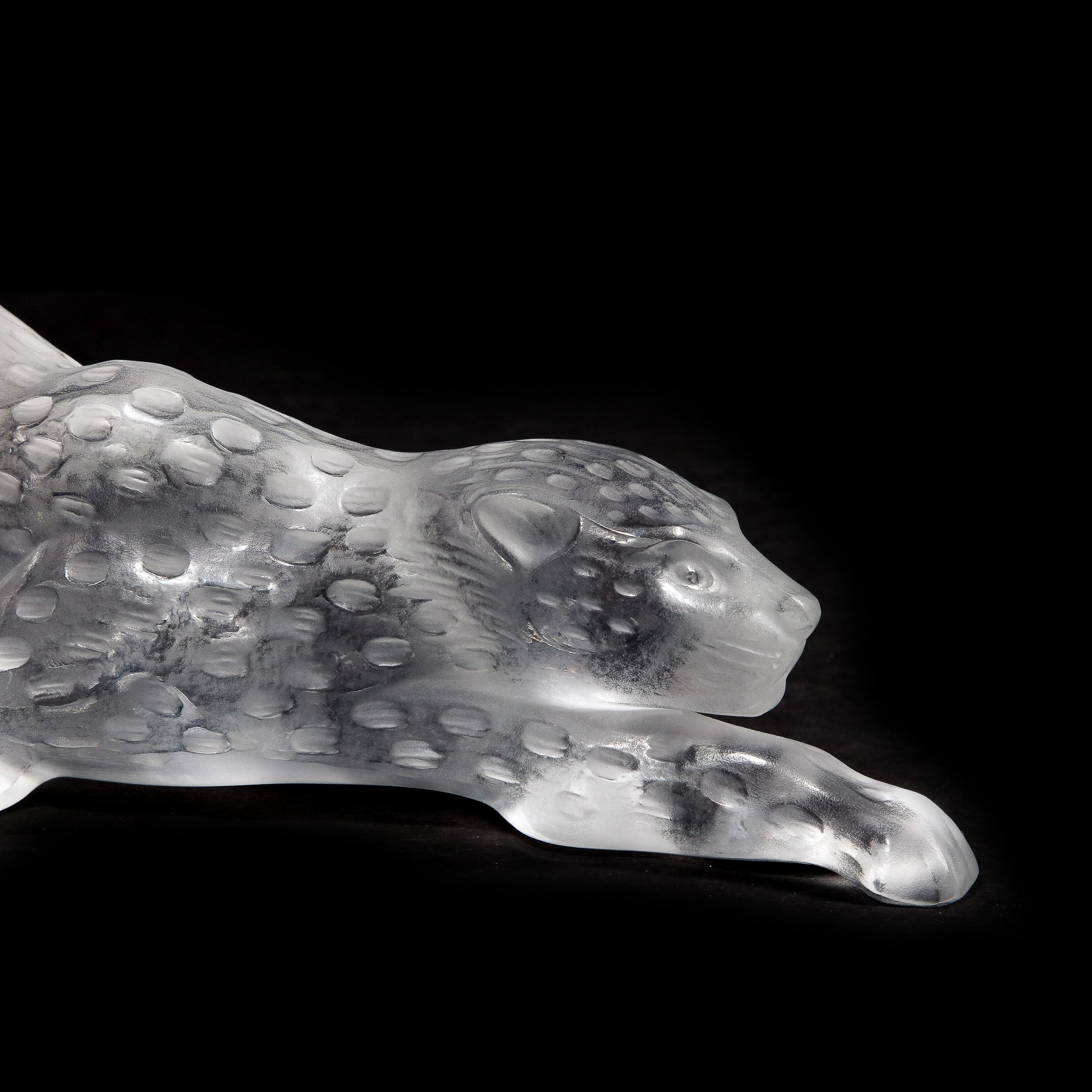 Modernist Spotted Stalking Leopard in Frosted Crystal Signed by Lalique 11
