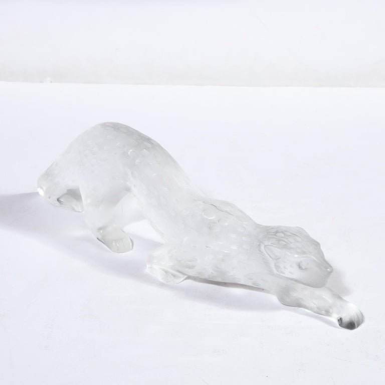 Modernist Spotted Stalking Leopard in Frosted Crystal Signed by Lalique