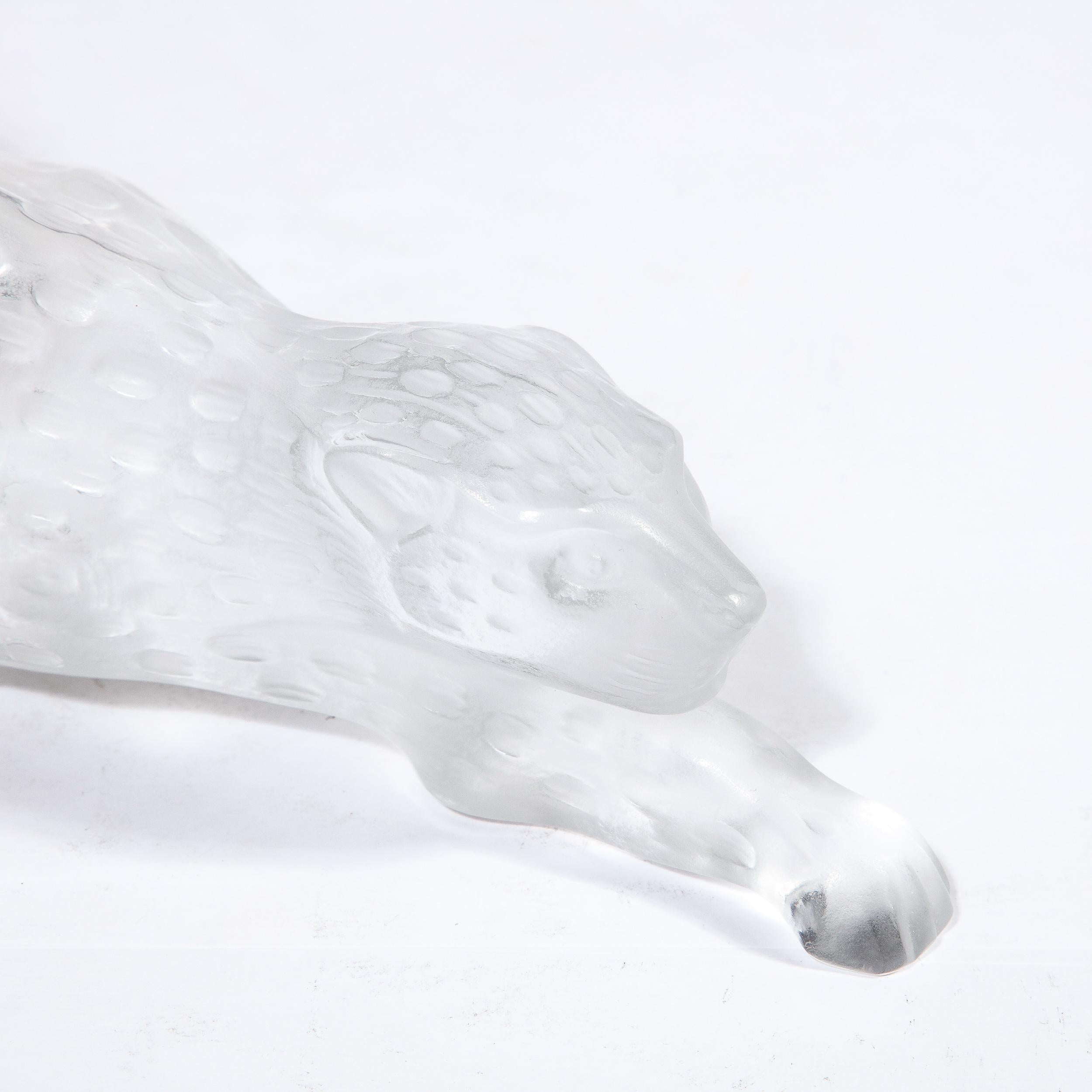 Glass Modernist Spotted Stalking Leopard in Frosted Crystal Signed by Lalique