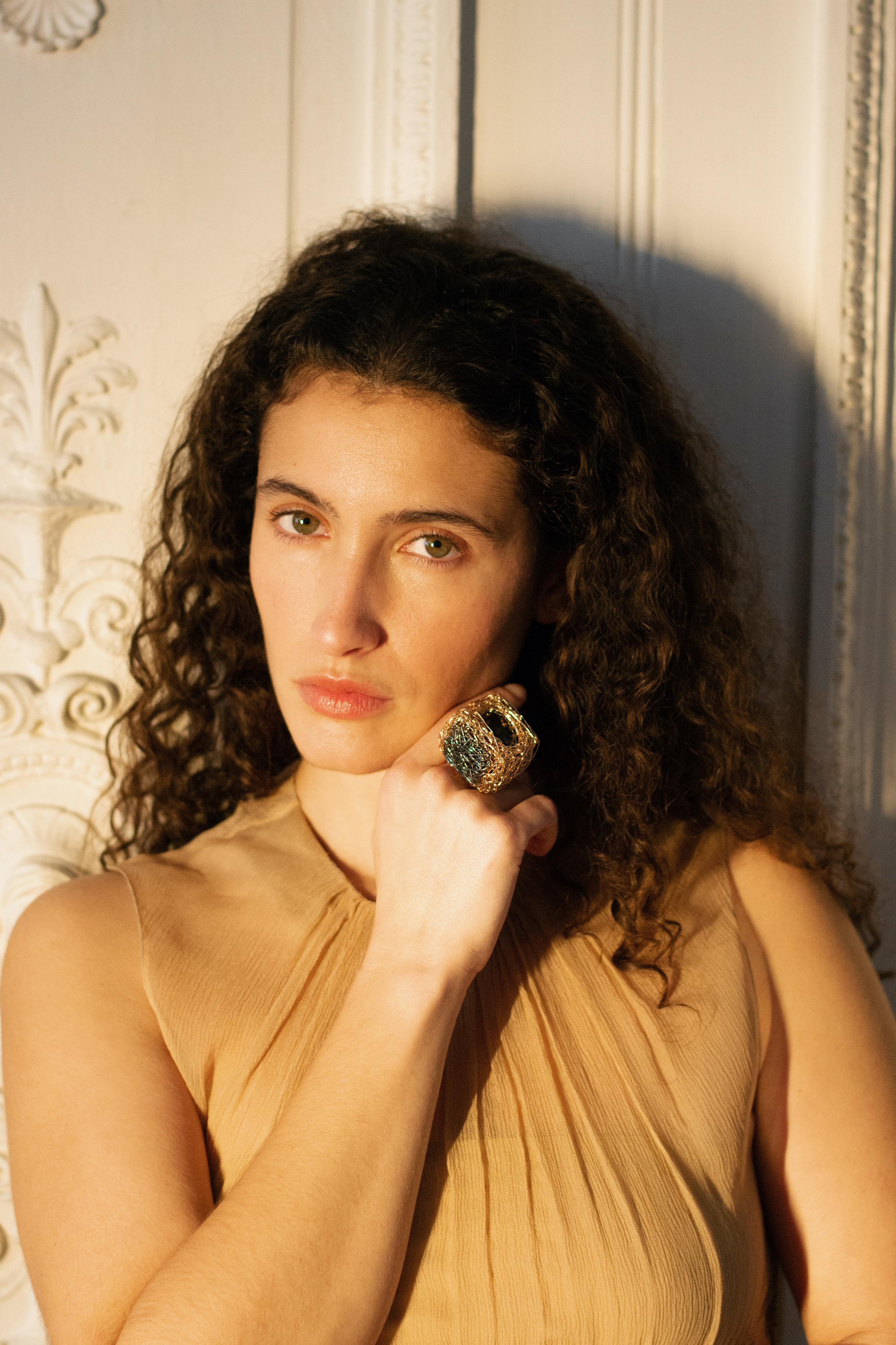 Contemporary Modernist Square Cocktail Ring with Lemon Quartz, Black Silver and Gold F For Sale