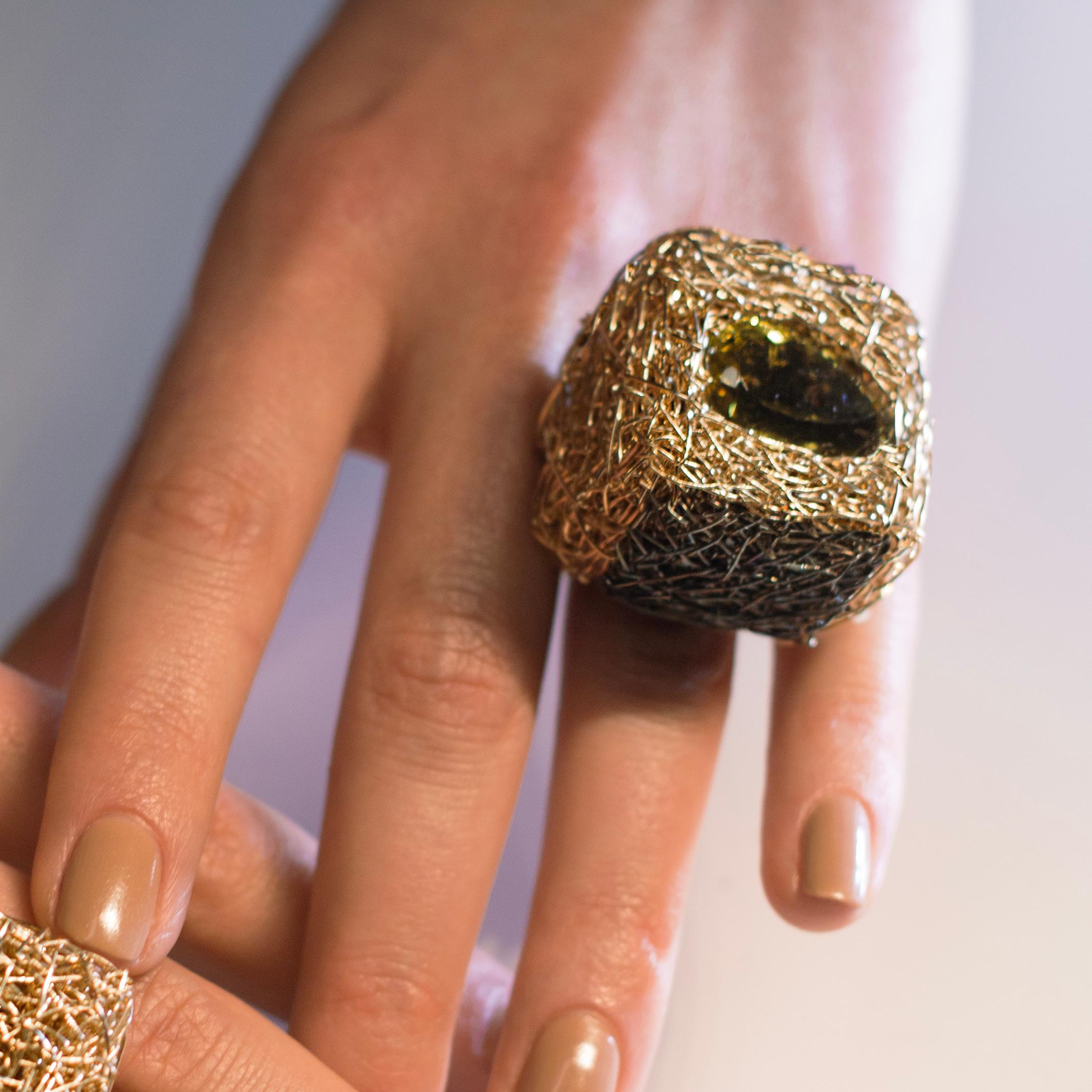 Briolette Cut Modernist Square Cocktail Ring with Lemon Quartz, Black Silver and Gold F For Sale