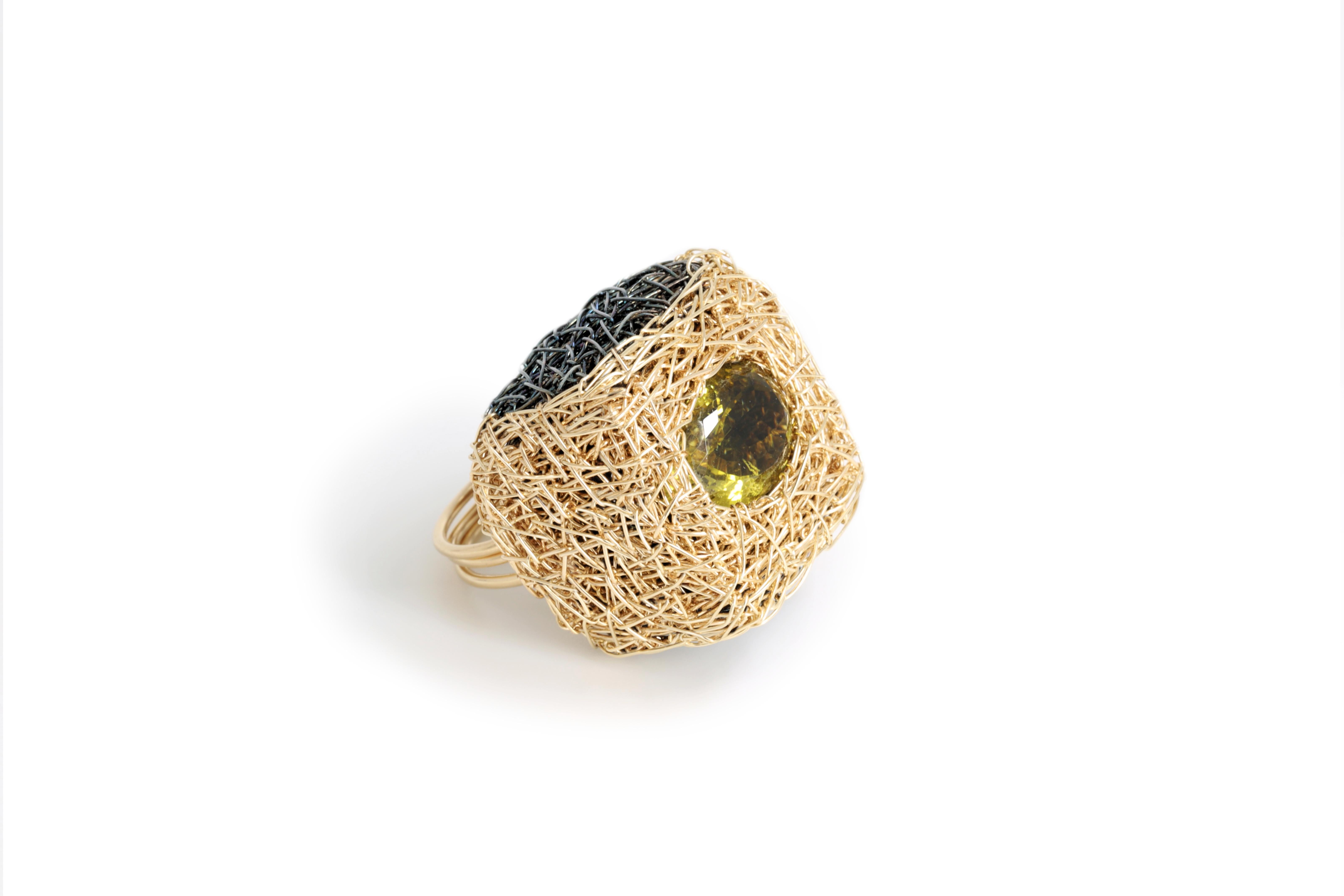 Modernist Square Cocktail Ring with Lemon Quartz, Black Silver and Gold F For Sale 1