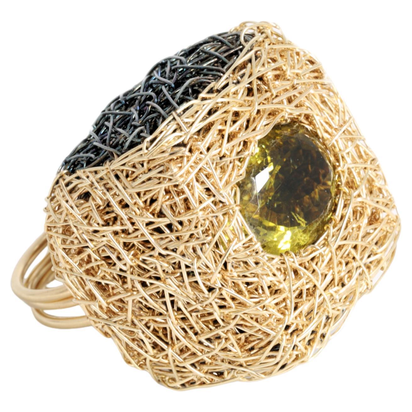 Modernist Square Cocktail Ring with Lemon Quartz, Black Silver and Gold F For Sale