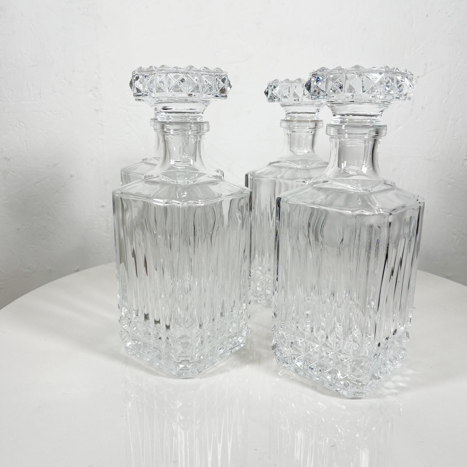 Late 20th Century Modernist Square Cut Glass Decanters Liquor Bar Whiskey Bottle Set of Four