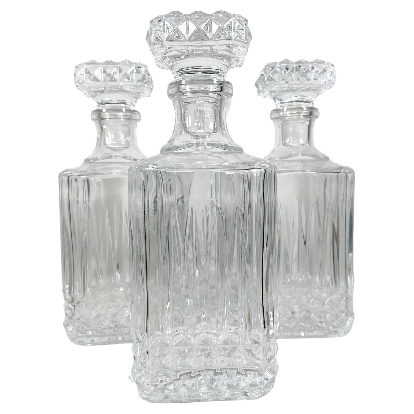 Modernist Square Cut Glass Decanters Liquor Bar Whiskey Bottle Set of Four