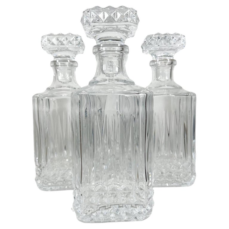 Modernist Square Cut Glass Decanters Liquor Bar Whiskey Bottle Set of