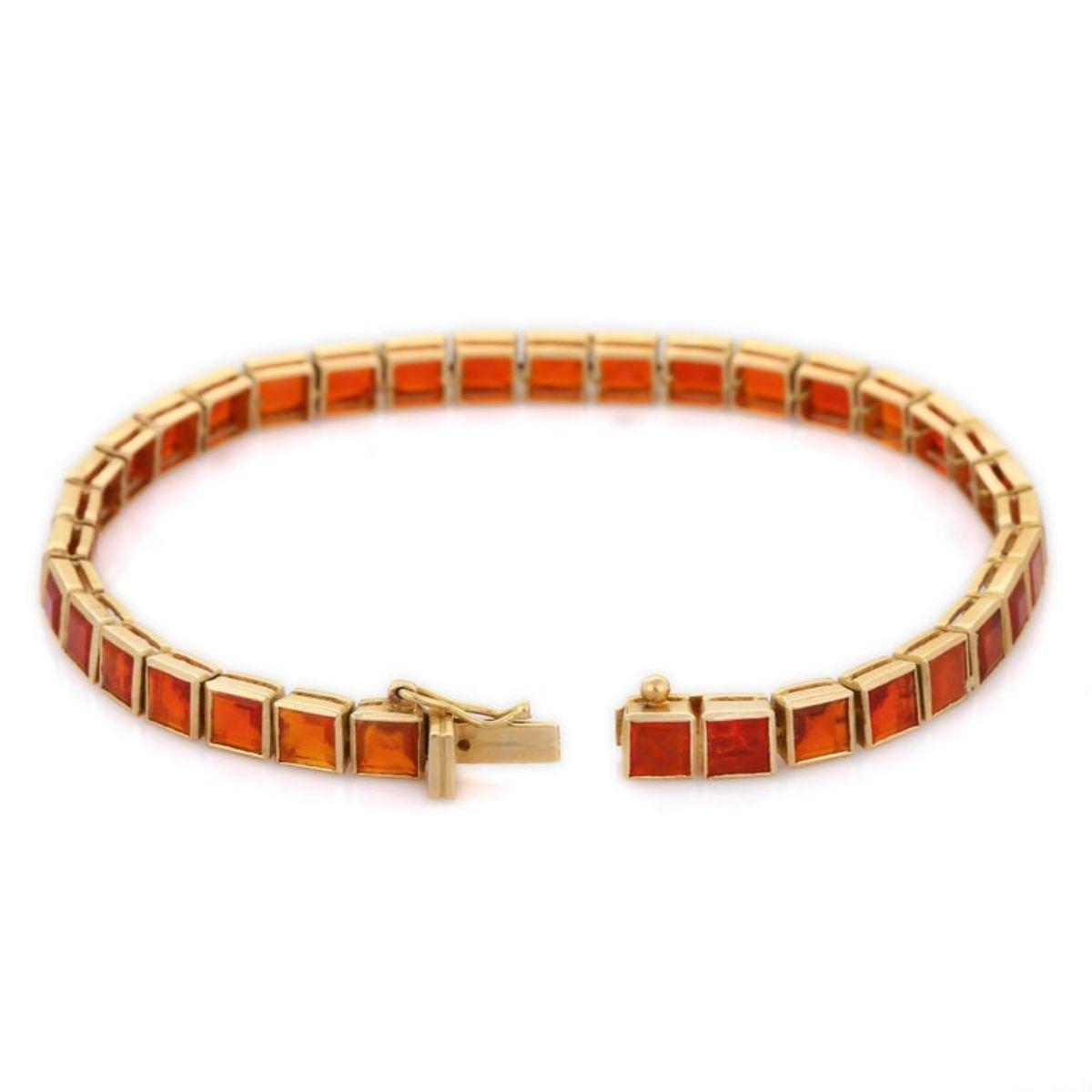 Modernista Pulsera de Tenis de Ópalo Naranja Tallado Cuadrado para Ella en Oro Amarillo de 18k Moderno en venta
