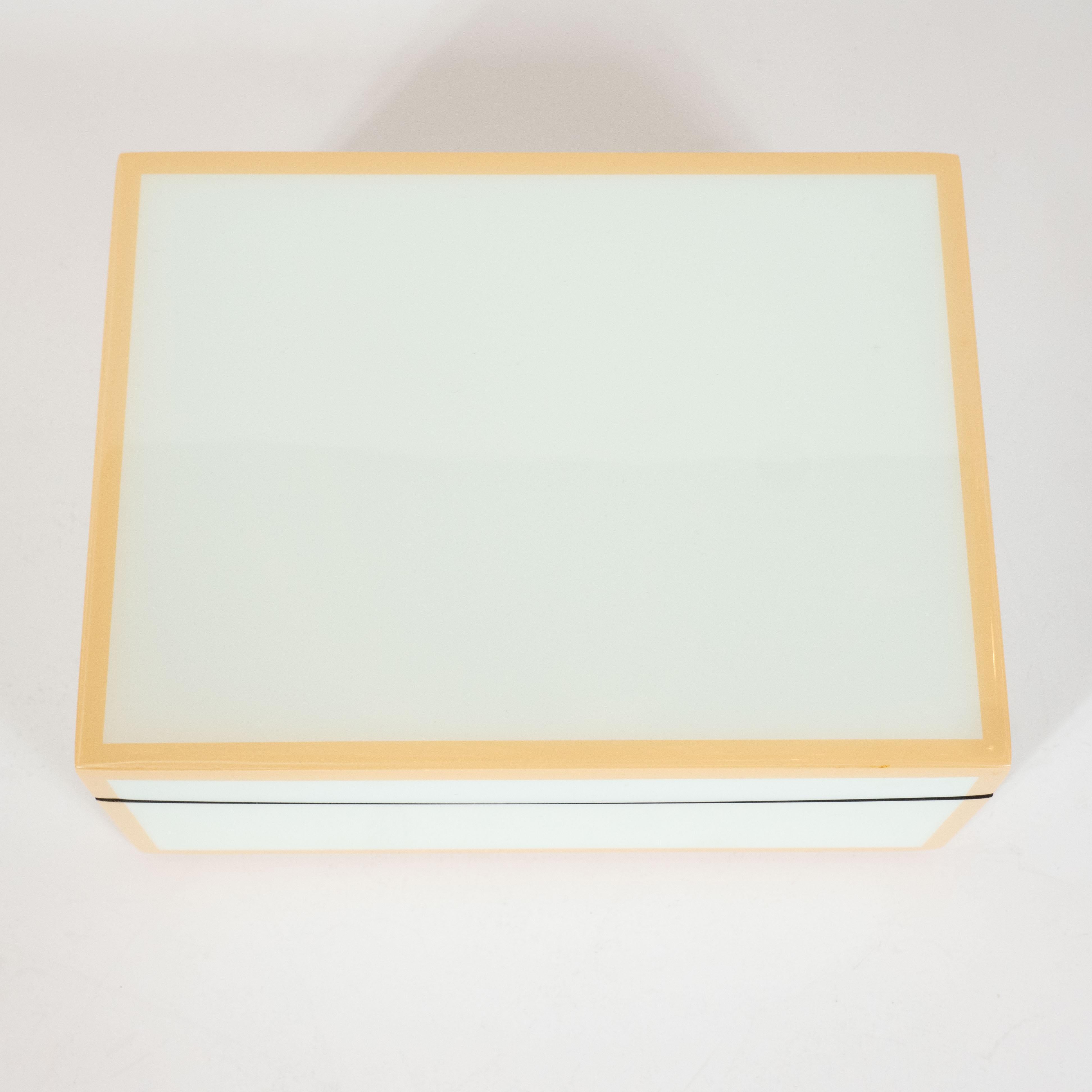 Modernist Square Lacquered Rectangular Box in Pale Celadon with Tan Accents In Excellent Condition In New York, NY