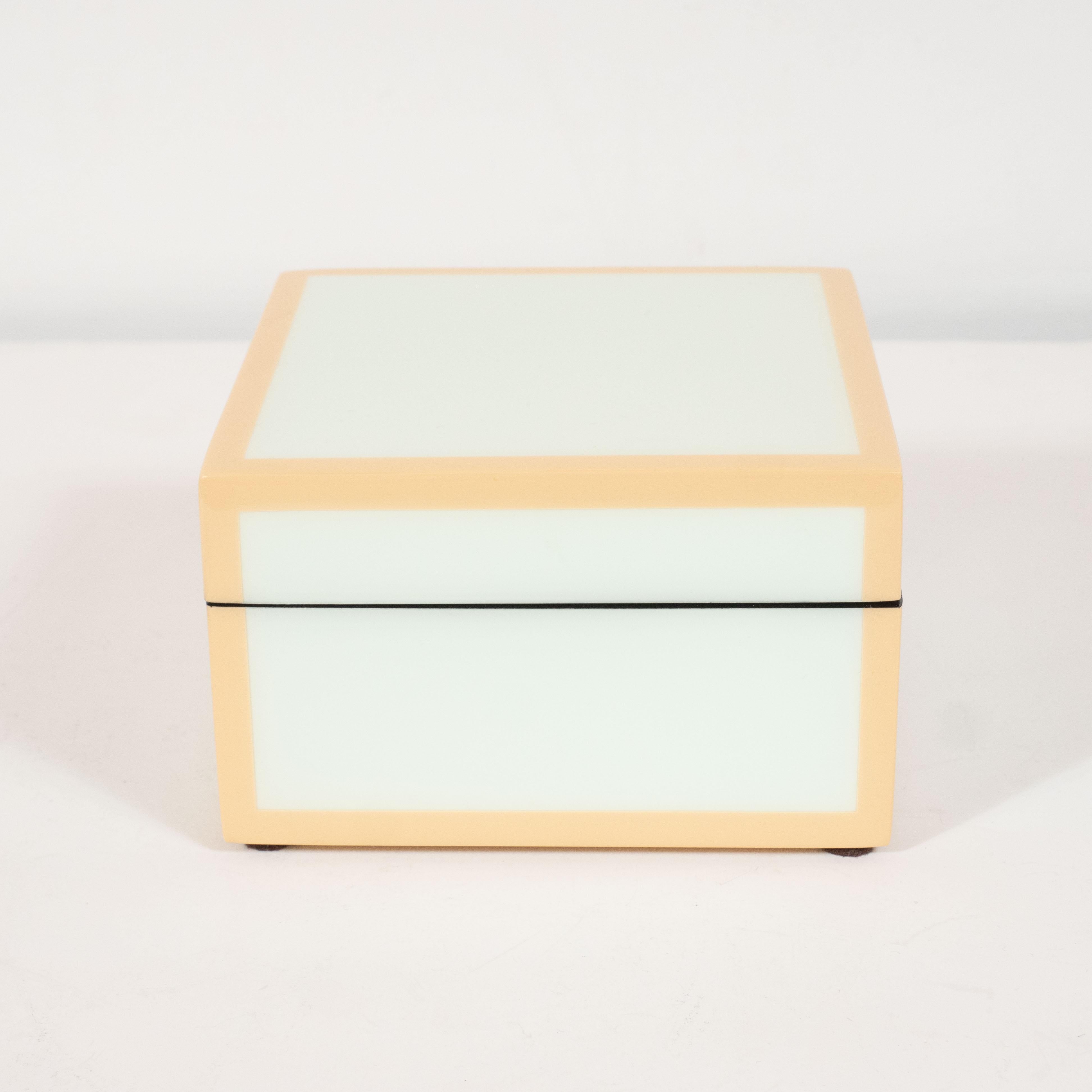 Philippine Modernist Square Lacquered Square Box in Pale Celadon with Tan Accents