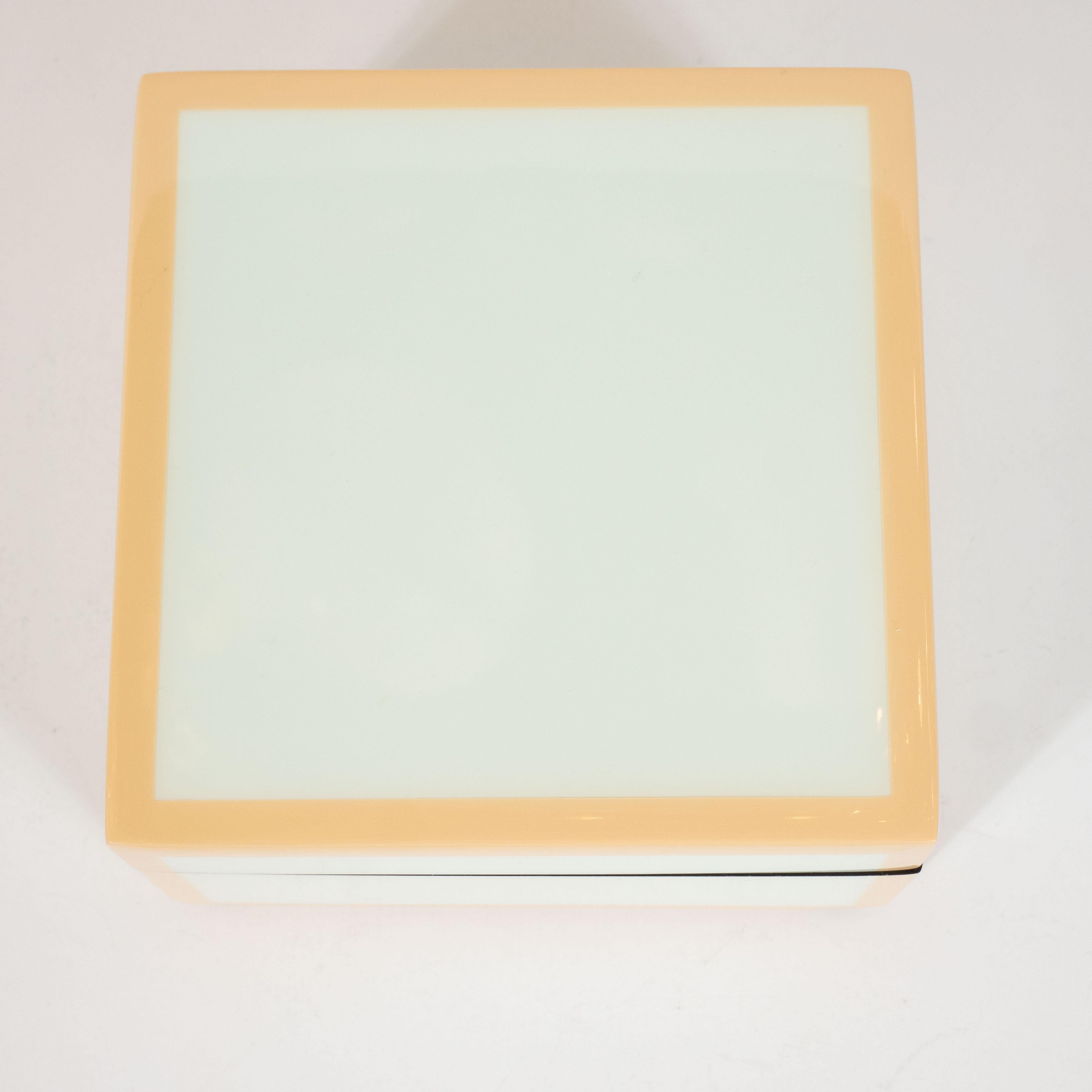 20th Century Modernist Square Lacquered Square Box in Pale Celadon with Tan Accents