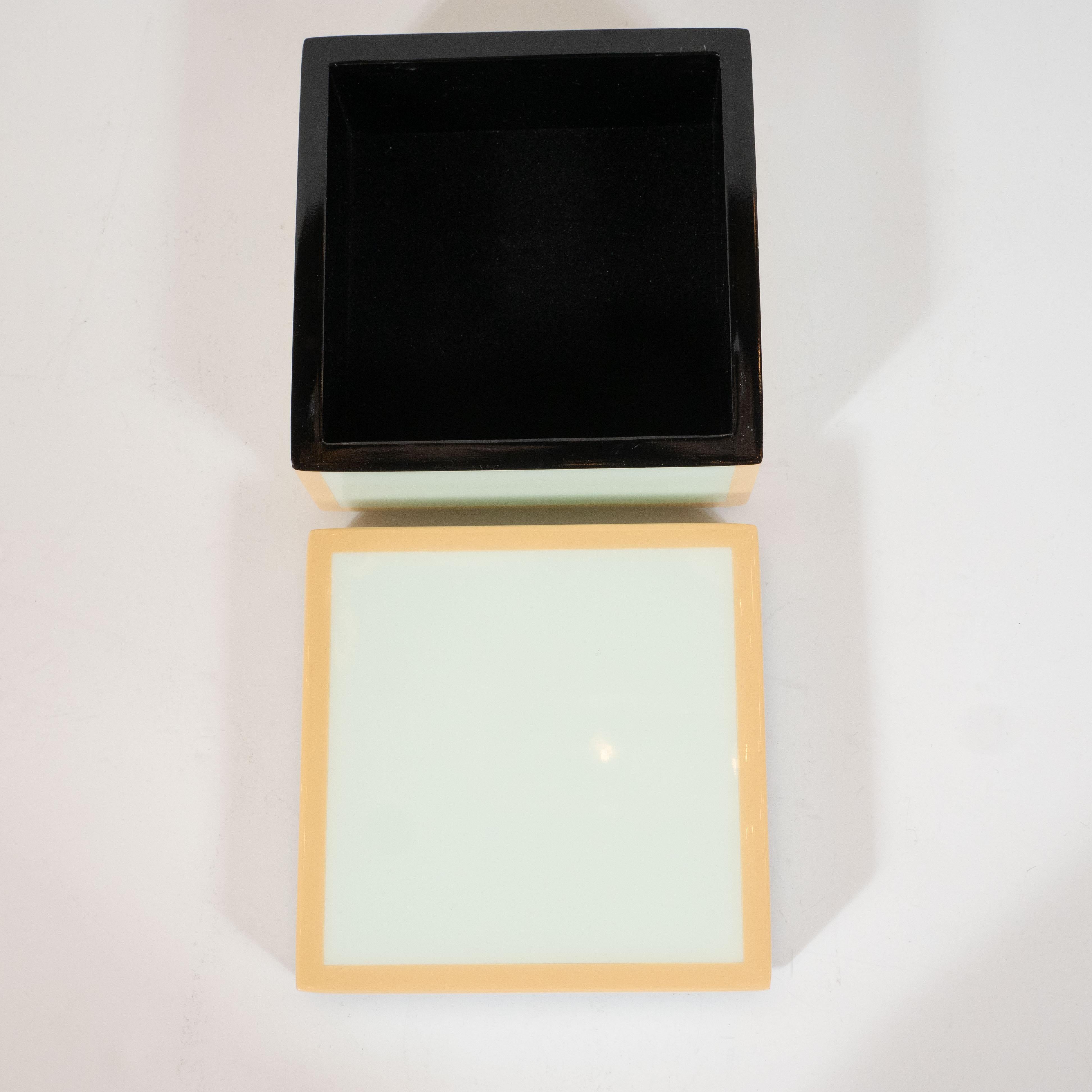 Fruitwood Modernist Square Lacquered Square Box in Pale Celadon with Tan Accents