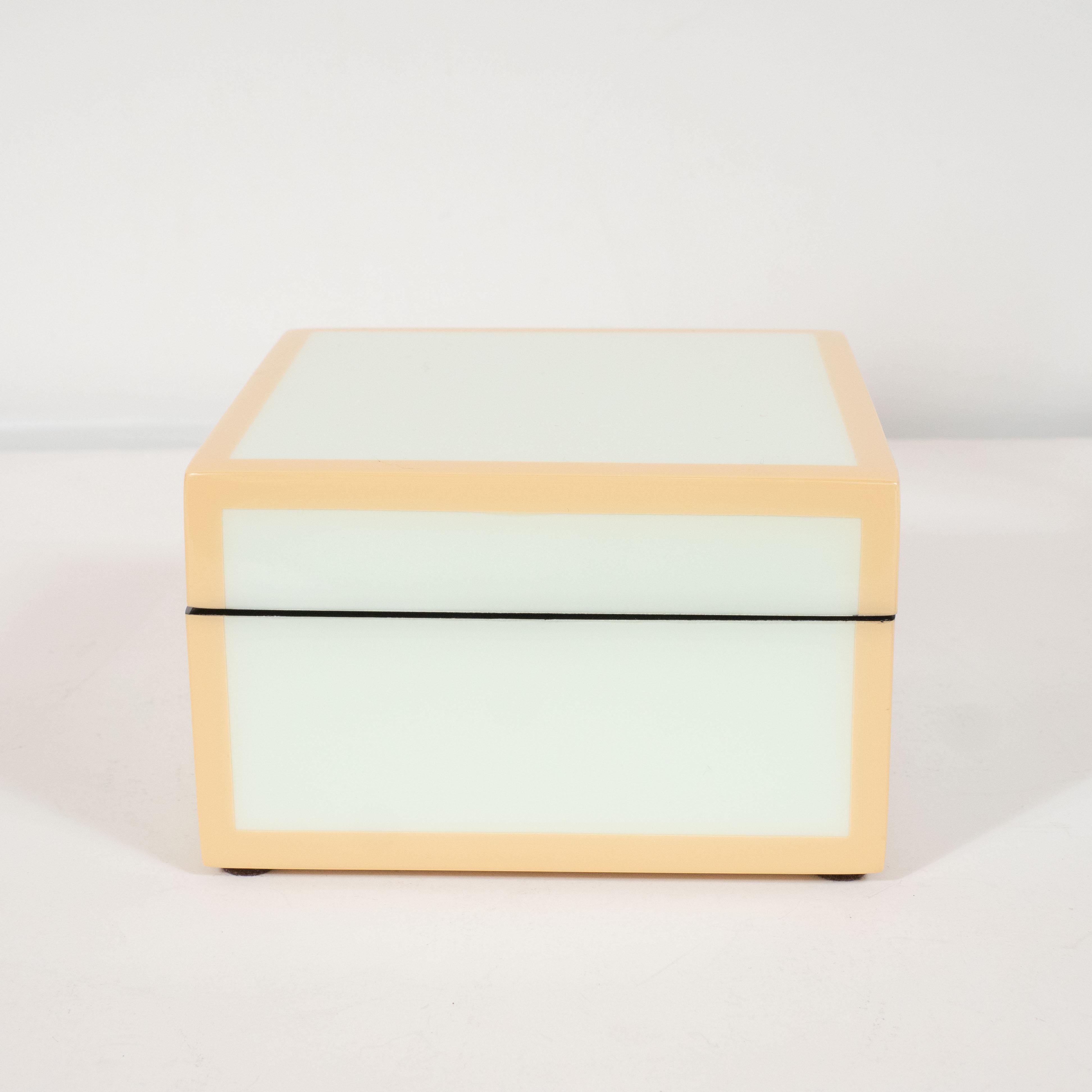 Modernist Square Lacquered Square Box in Pale Celadon with Tan Accents 1