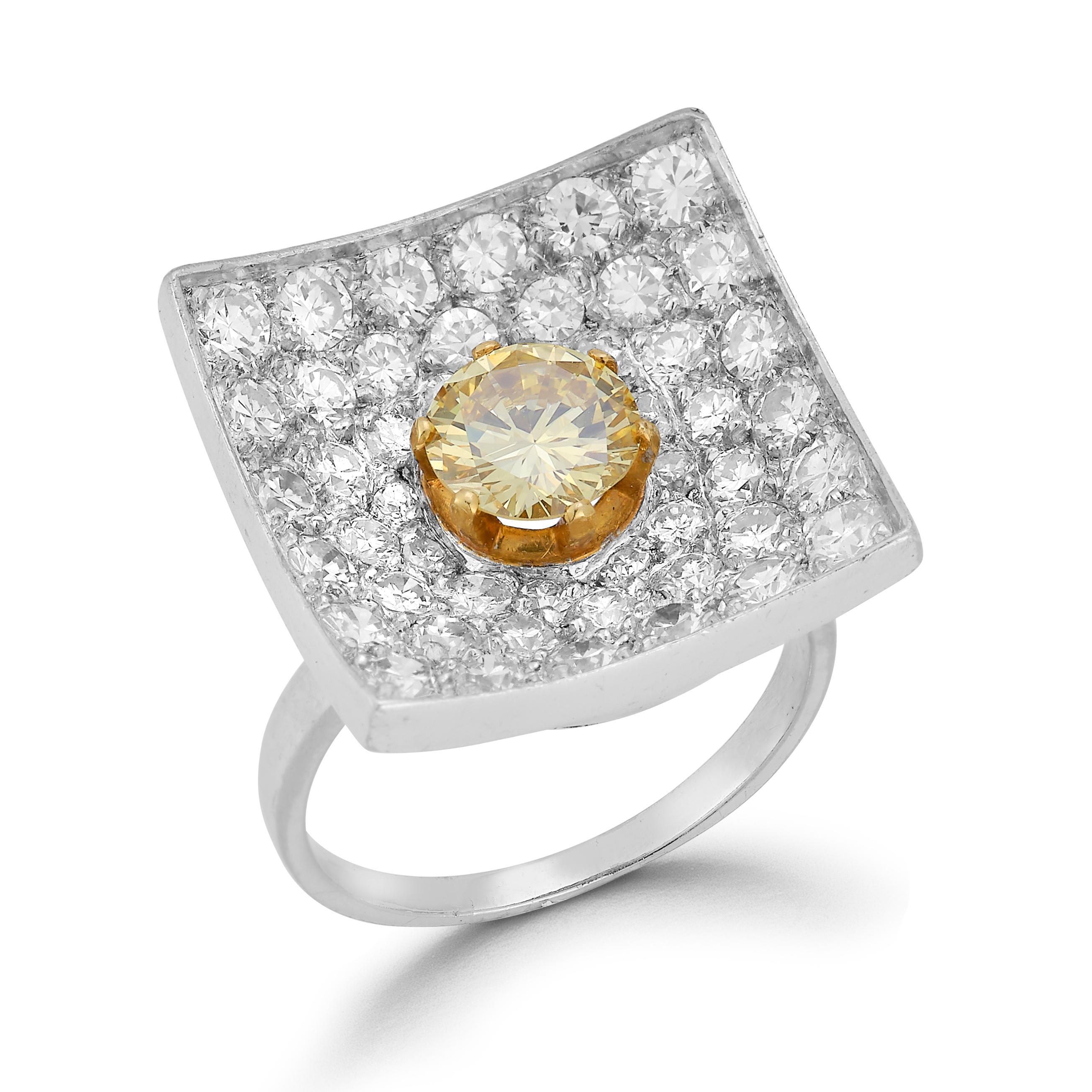 Round Cut Modernist Square Shapes Yellow Diamond Ring For Sale