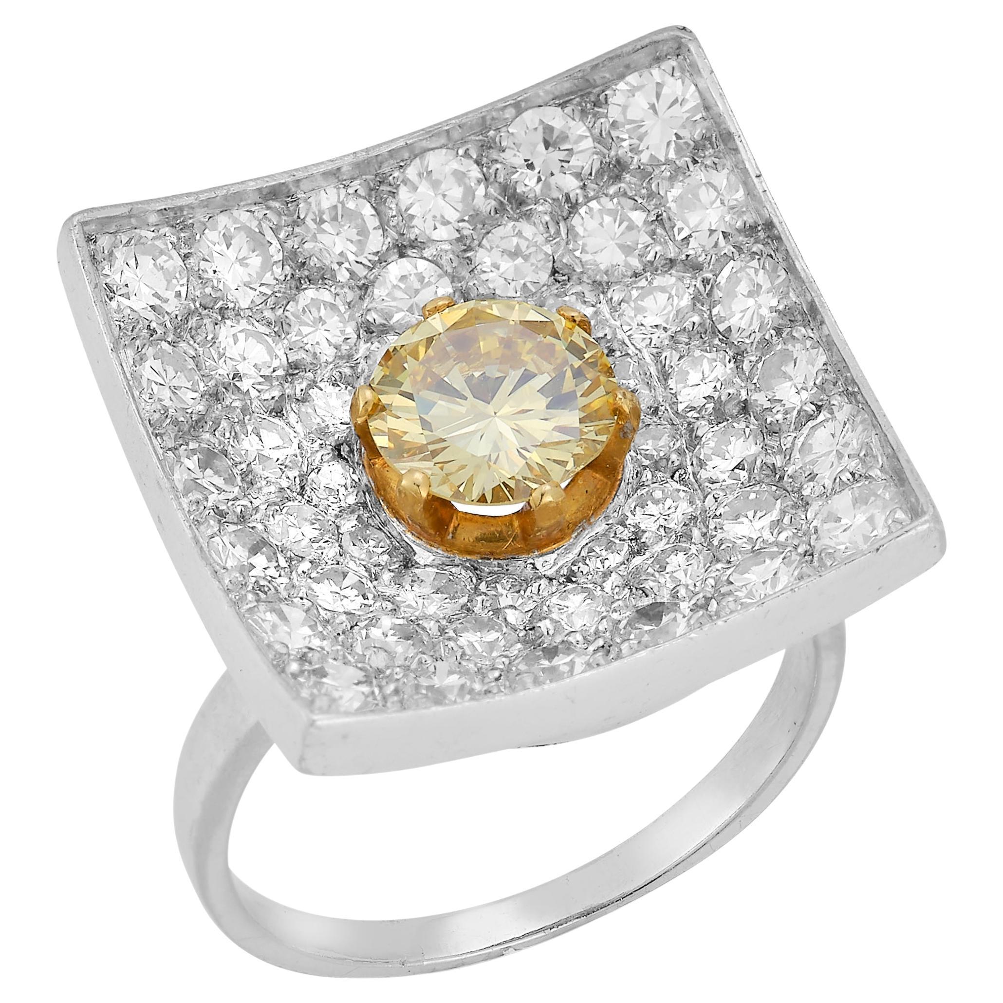 Modernist Square Shapes Yellow Diamond Ring For Sale