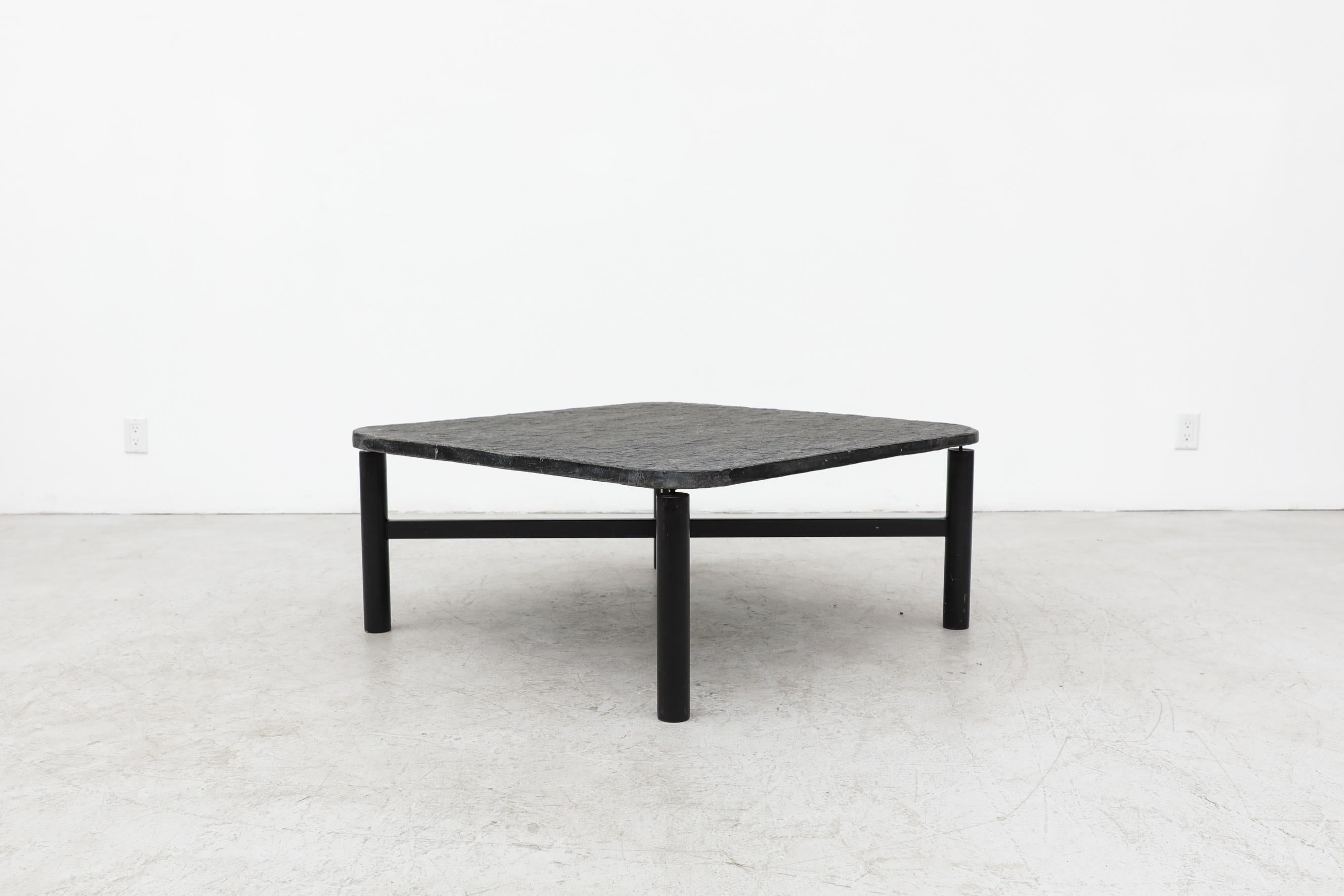 Mid-Century Modern Modernist Square Stone Coffee Table With Metal X-Base