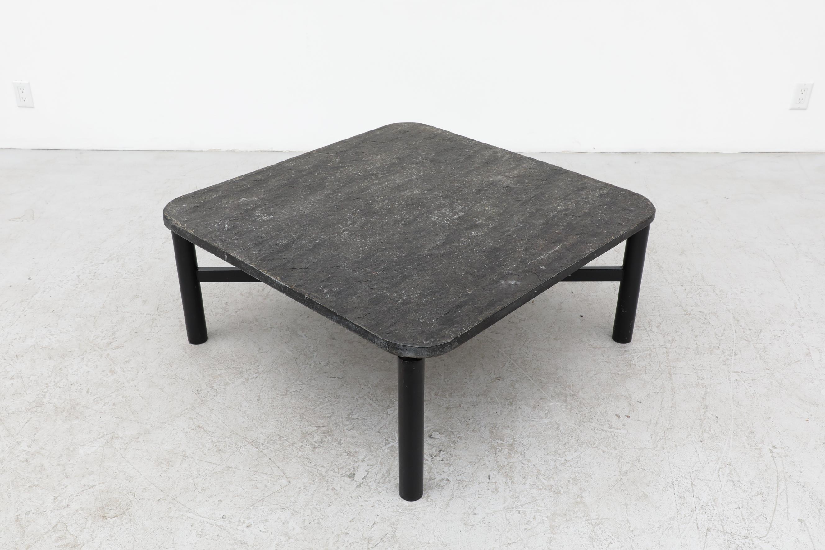 Dutch Modernist Square Stone Coffee Table With Metal X-Base