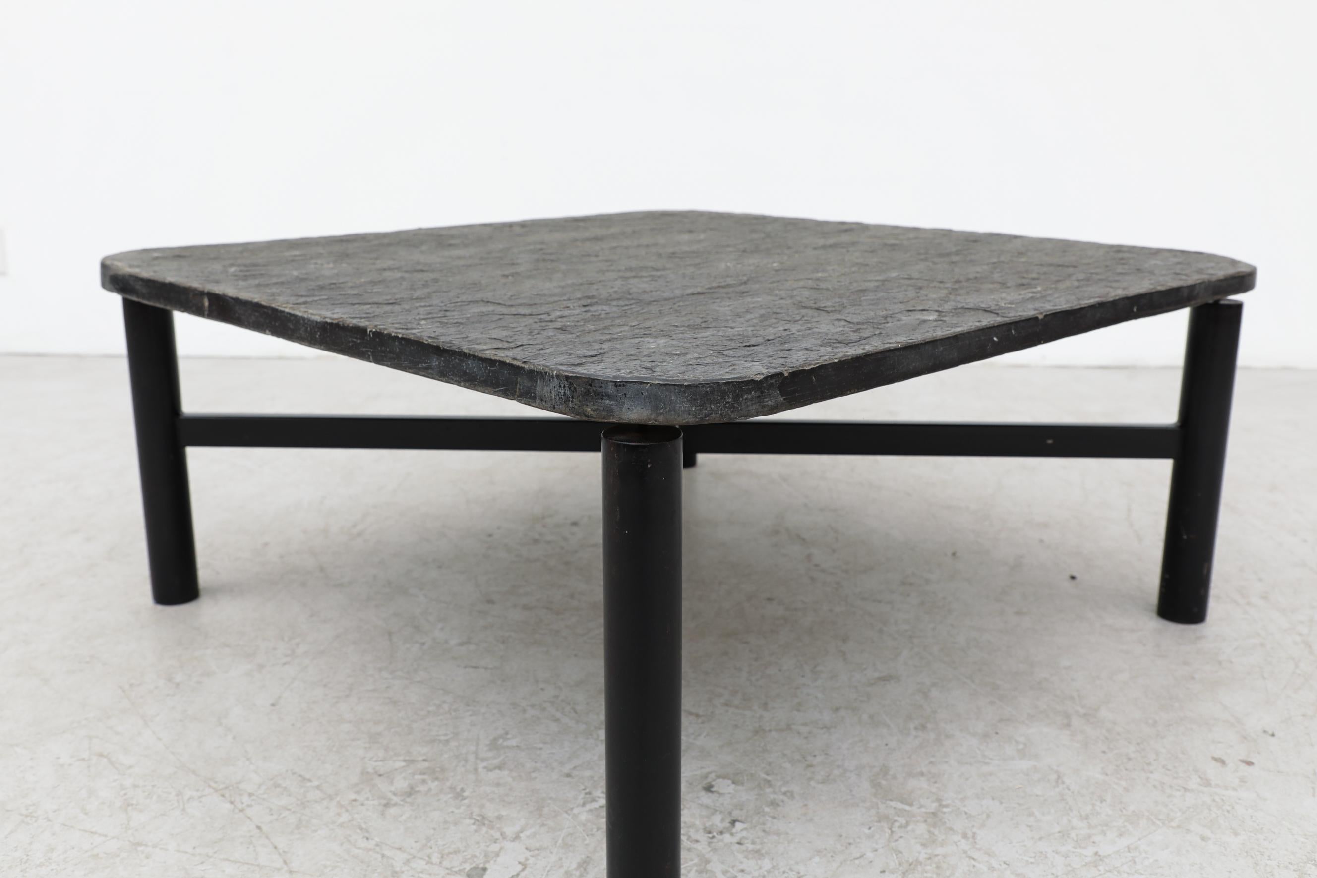 Enameled Modernist Square Stone Coffee Table With Metal X-Base