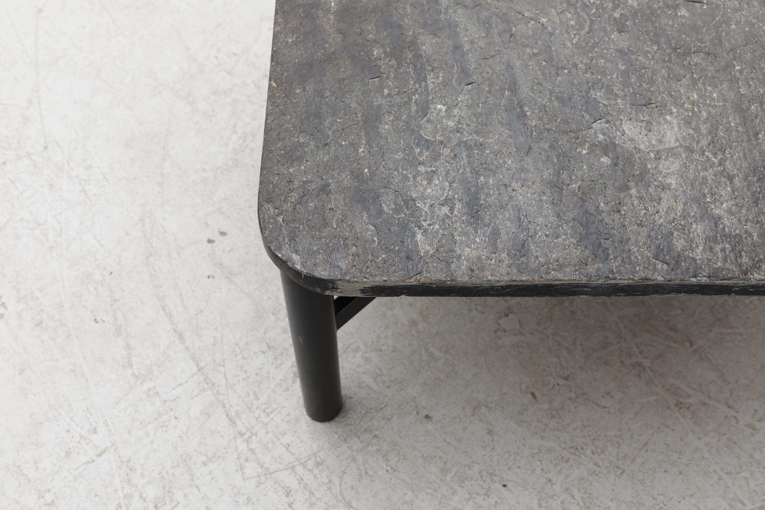 20th Century Modernist Square Stone Coffee Table With Metal X-Base