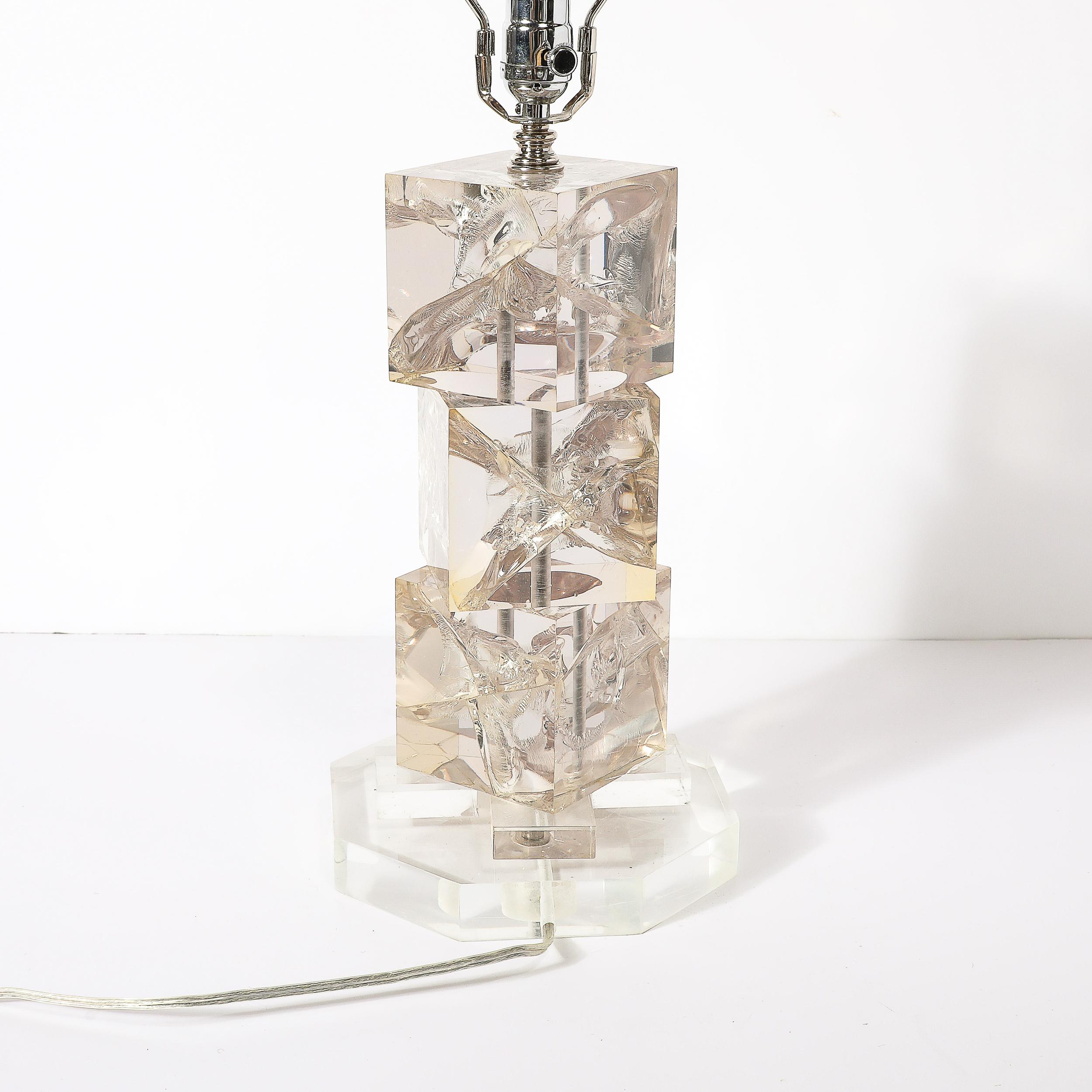Modernist Stacked Ice Cube Table Lamp in Smoked Rose Lucite on Octagonal Base For Sale 5